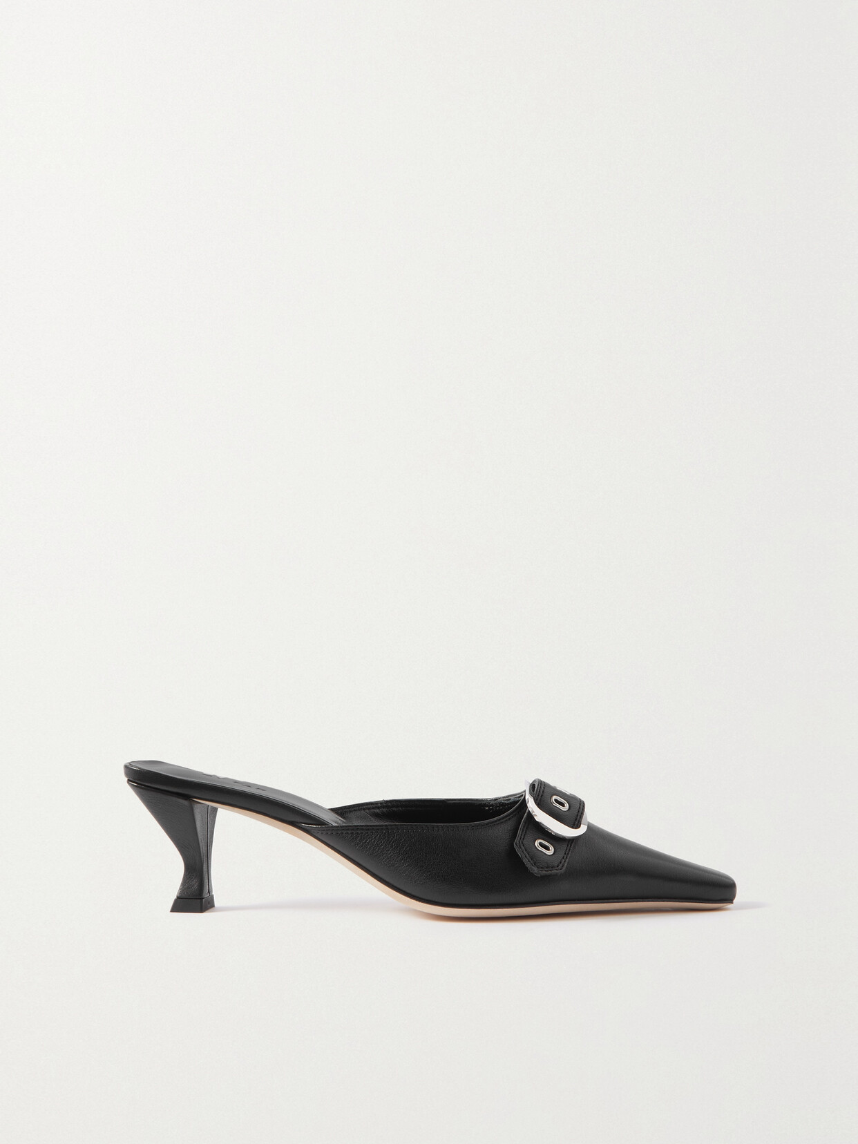 Shop By Far Evelyn Buckled Leather Mules In Black