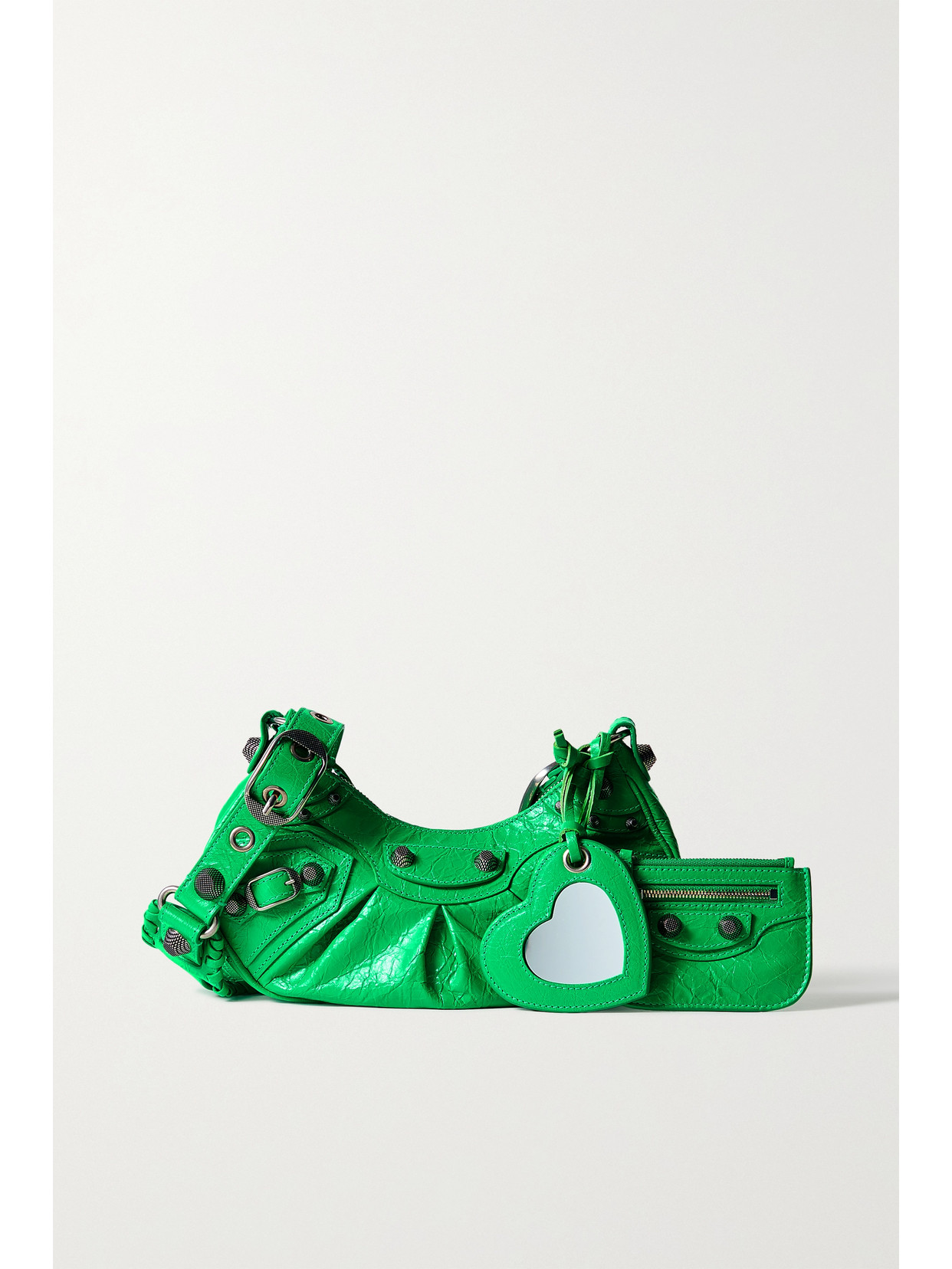 Balenciaga Le Cagole Xs Studded Crinkled-leather Shoulder Bag In Green