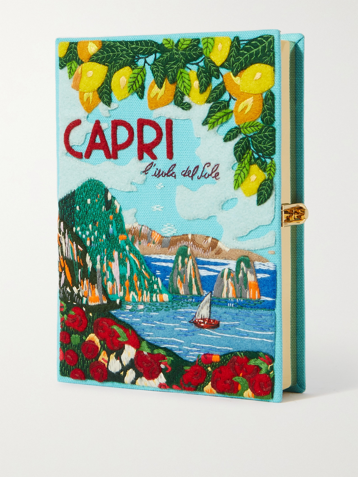 Olympia Le-tan Capri Voyages Embroidered Appliquéd Canvas Clutch In Blue