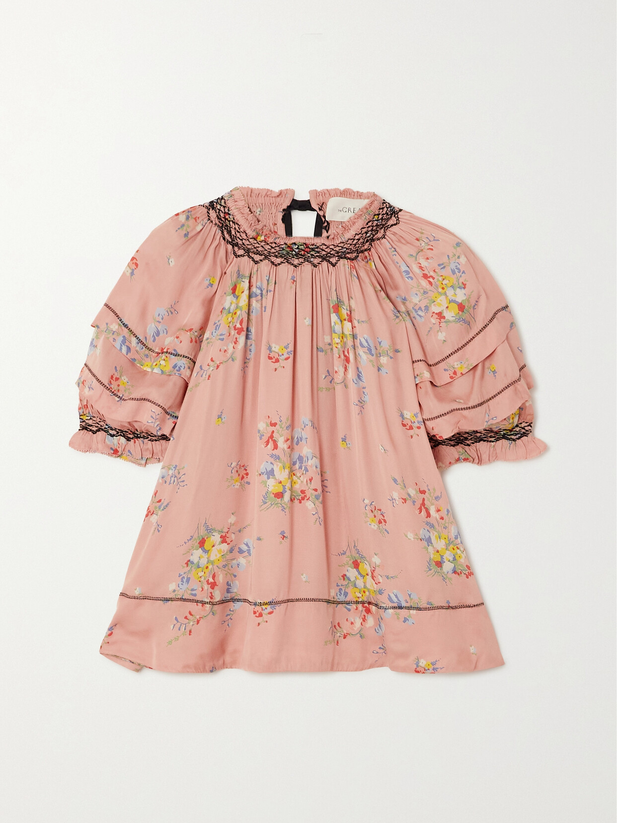 The Great The Folklore Smocked Floral-print Satin Top