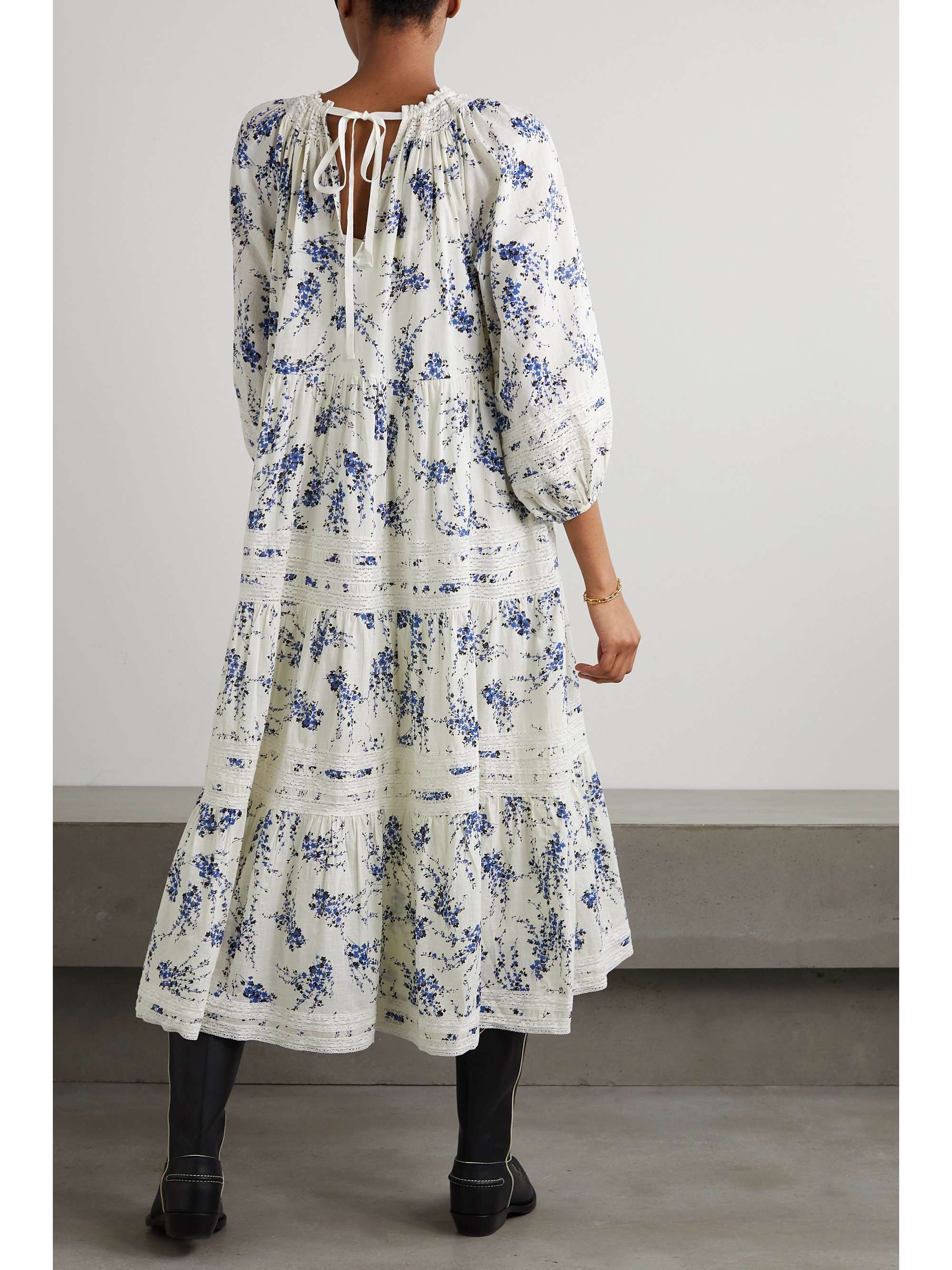 THE GREAT. The Hideaway lace-trimmed floral-print cotton midi dress