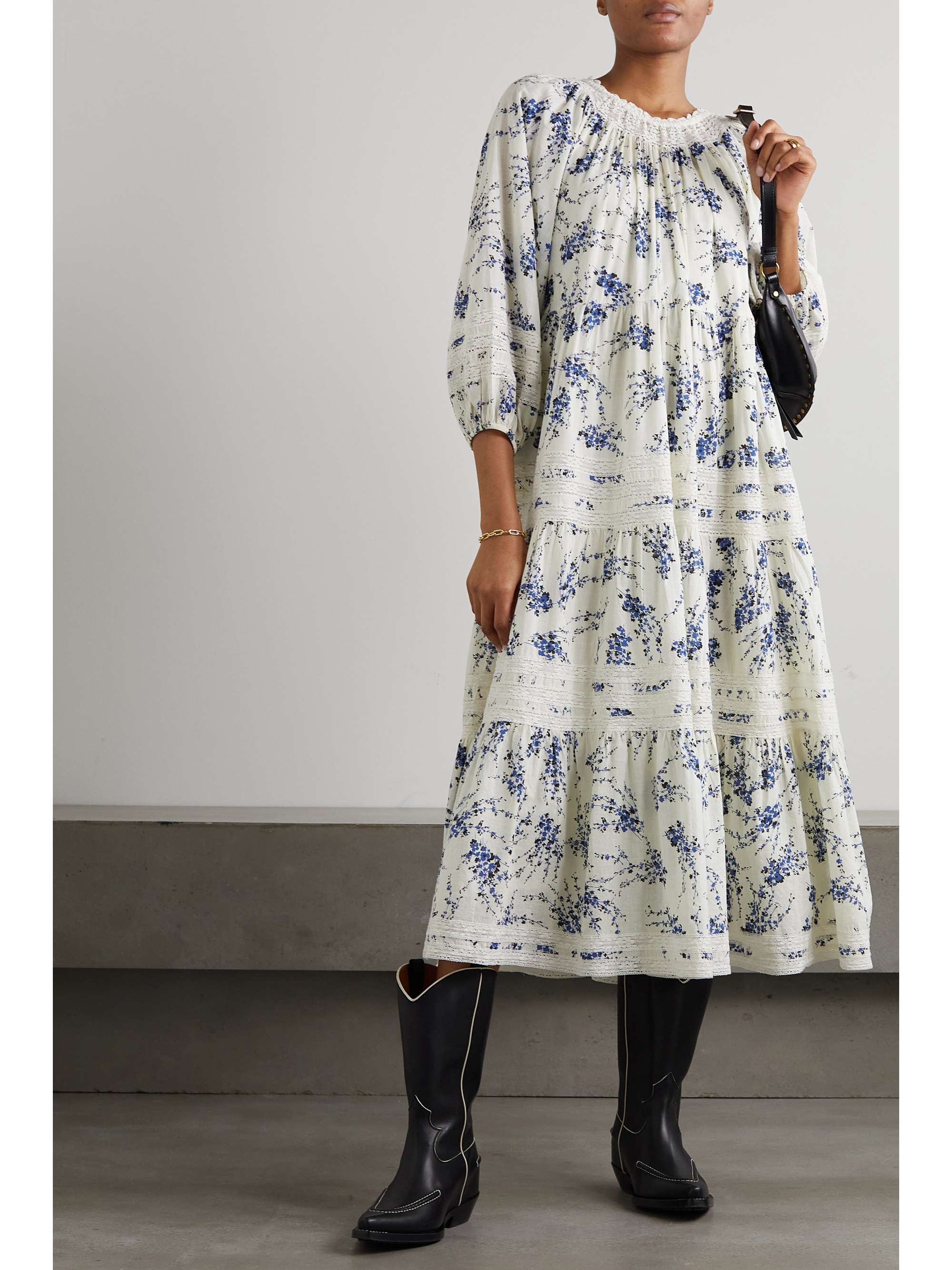 THE GREAT. The Hideaway lace-trimmed floral-print cotton midi dress