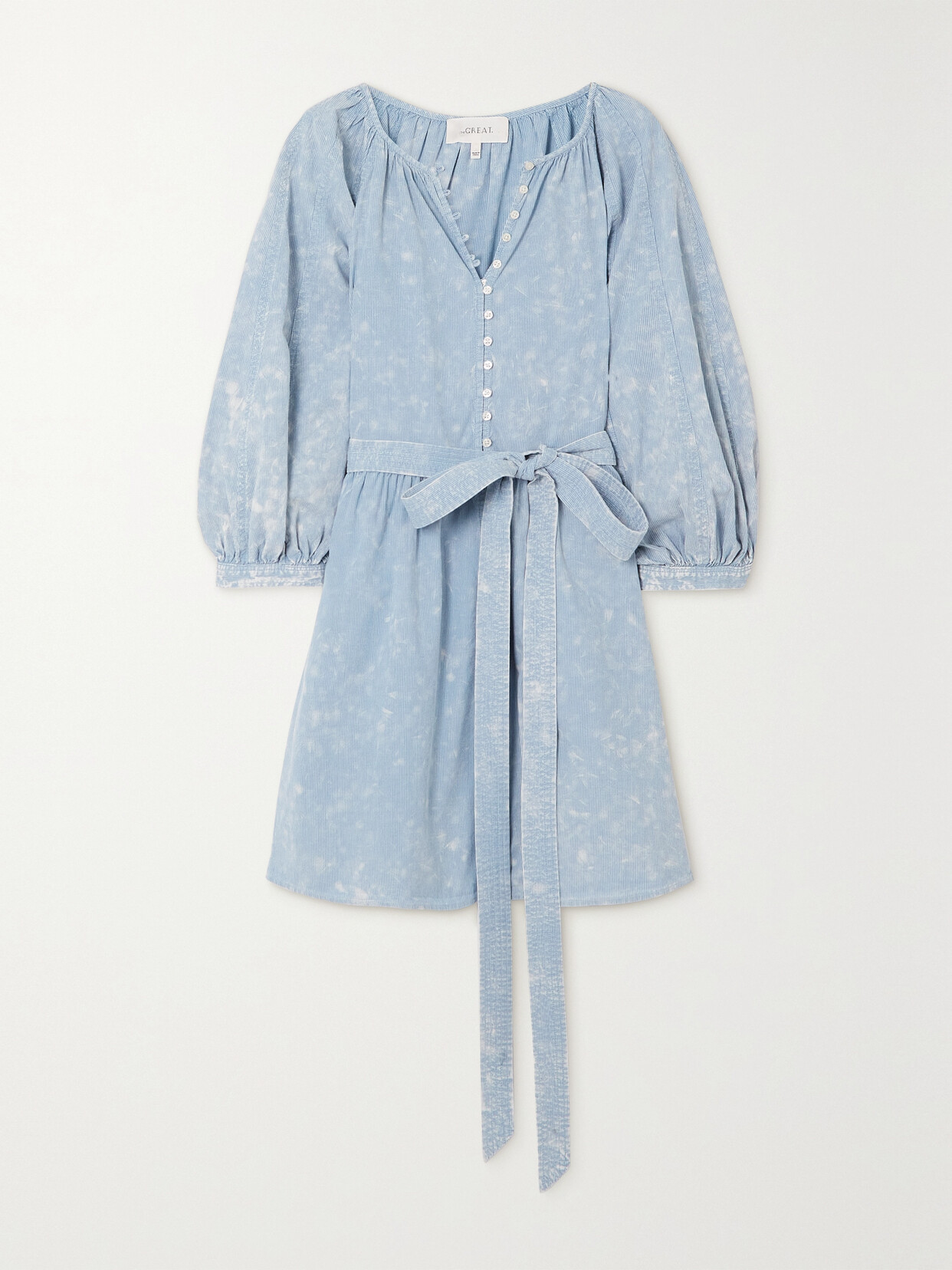THE GREAT. - The Coast Walk Striped Bleached Cotton-chambray Mini Dress - Blue