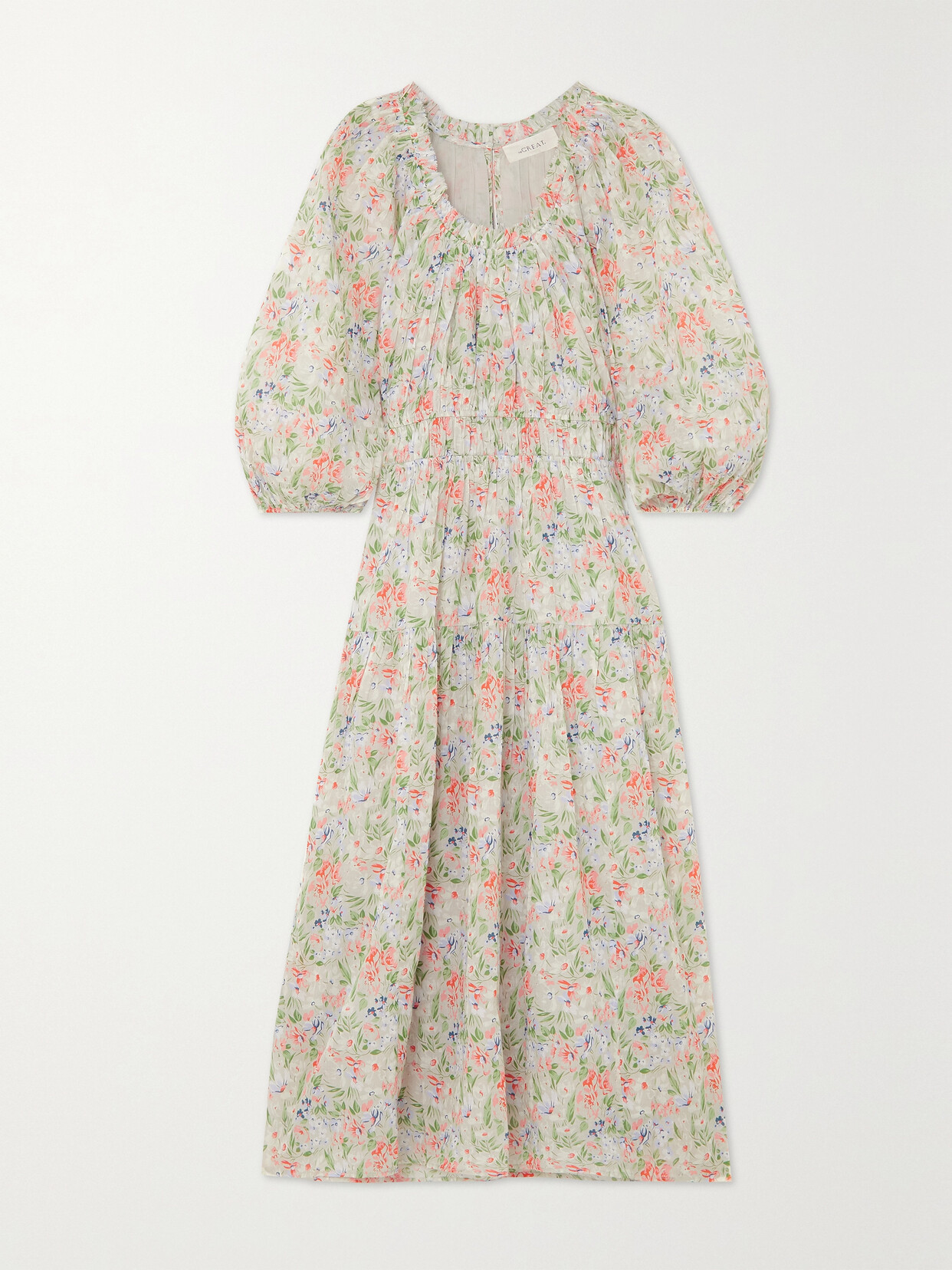 THE GREAT THE MOONSTONE GATHERED FLORAL-PRINT COTTON MIDI DRESS