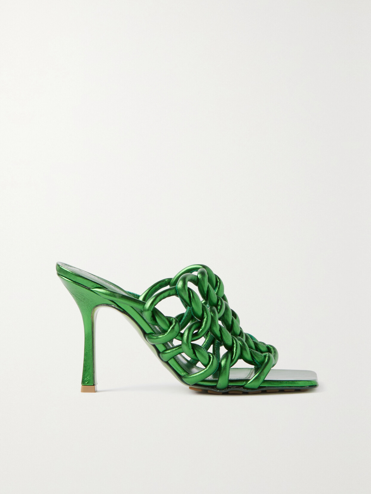 Shop Bottega Veneta Reflection Woven Metallic Leather Mules In Green