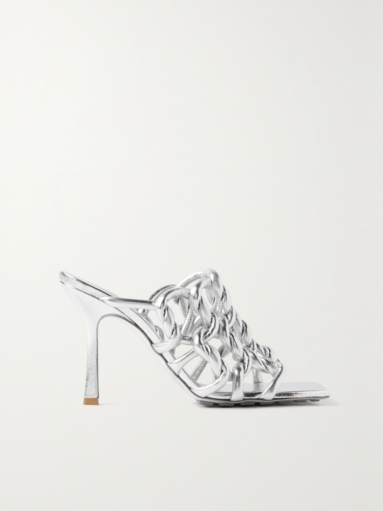 Shop Bottega Veneta Reflection Woven Metallic Leather Mules In Silver