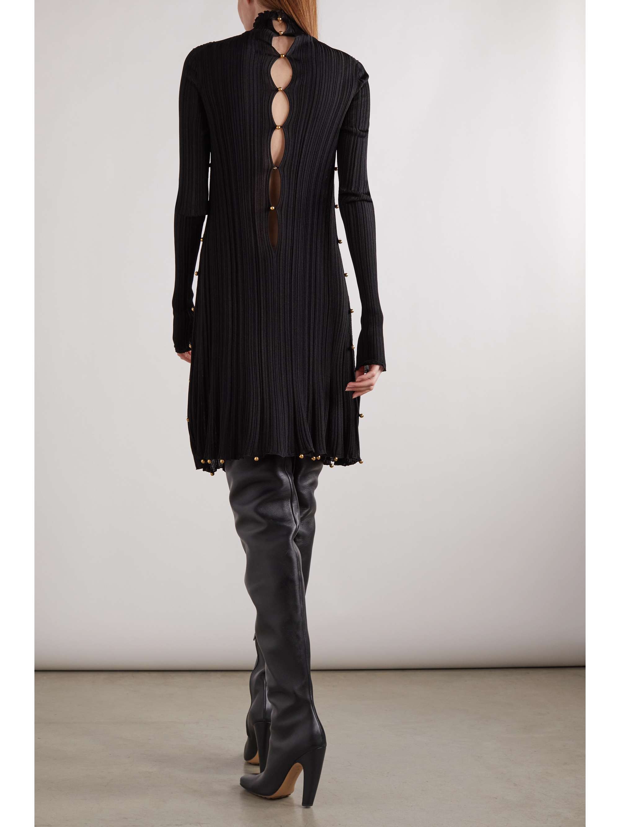 BOTTEGA VENETA Embellished ribbed-knit turtleneck mini dress