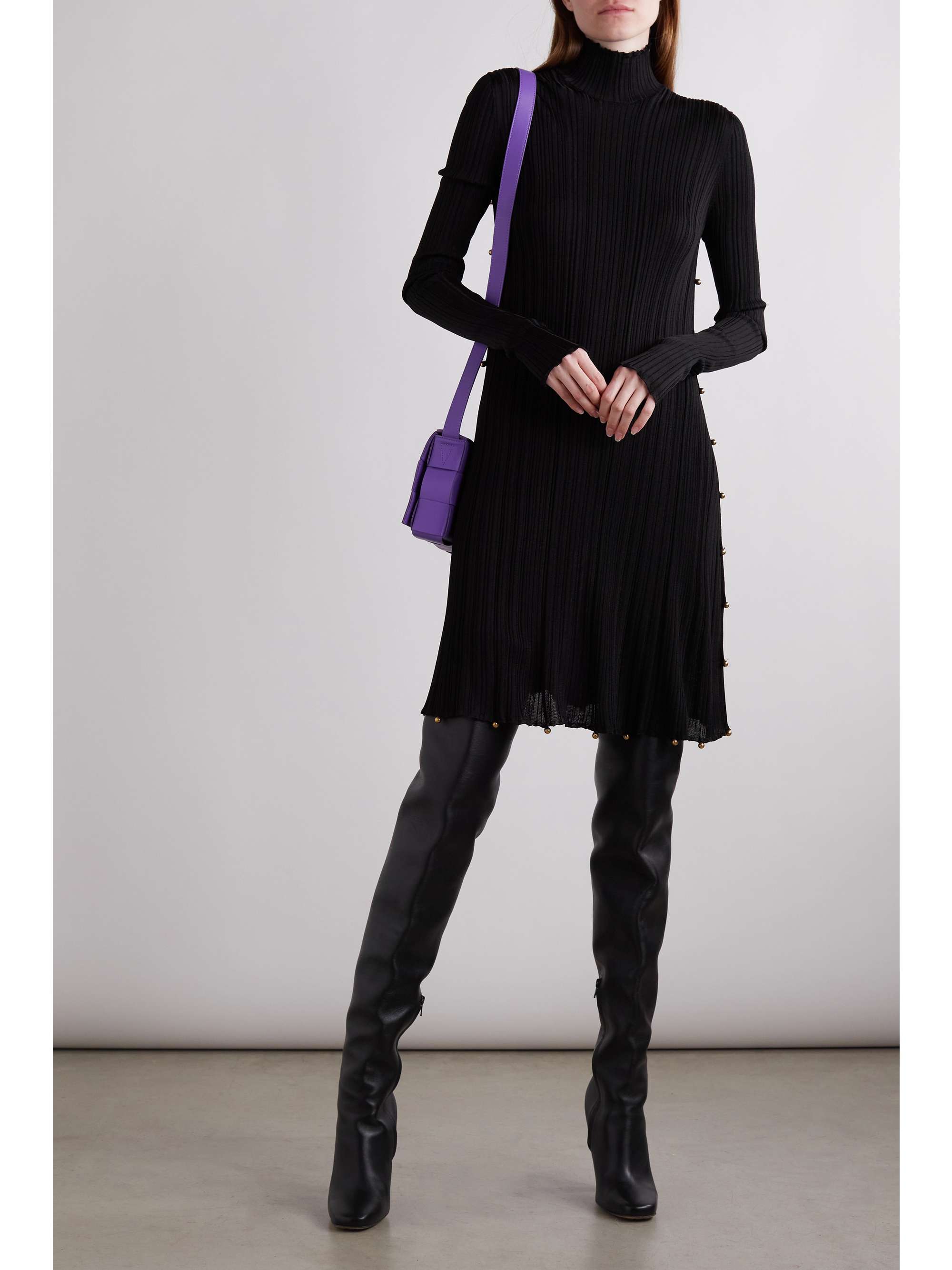 BOTTEGA VENETA Embellished ribbed-knit turtleneck mini dress