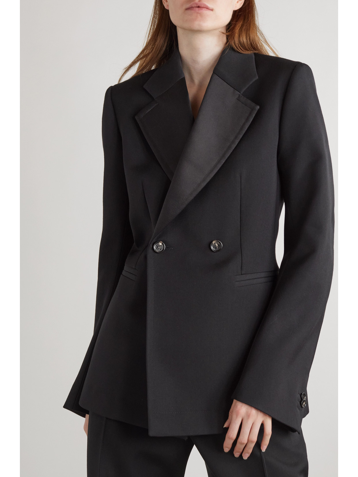 Shop Bottega Veneta Double-breasted Satin-trimmed Grain De Poudre Wool Blazer In Black