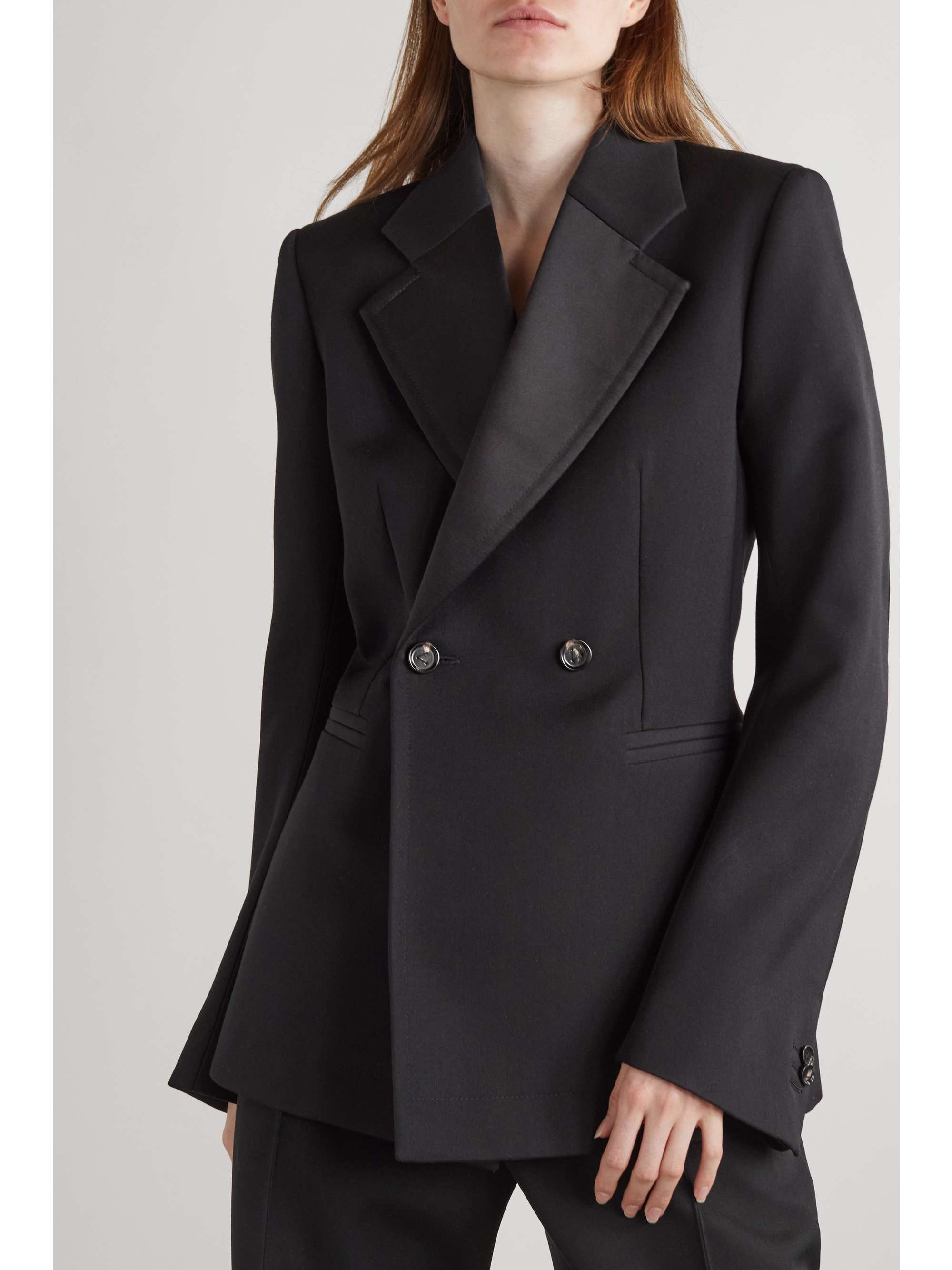 BOTTEGA VENETA Double-breasted satin-trimmed grain de poudre wool blazer