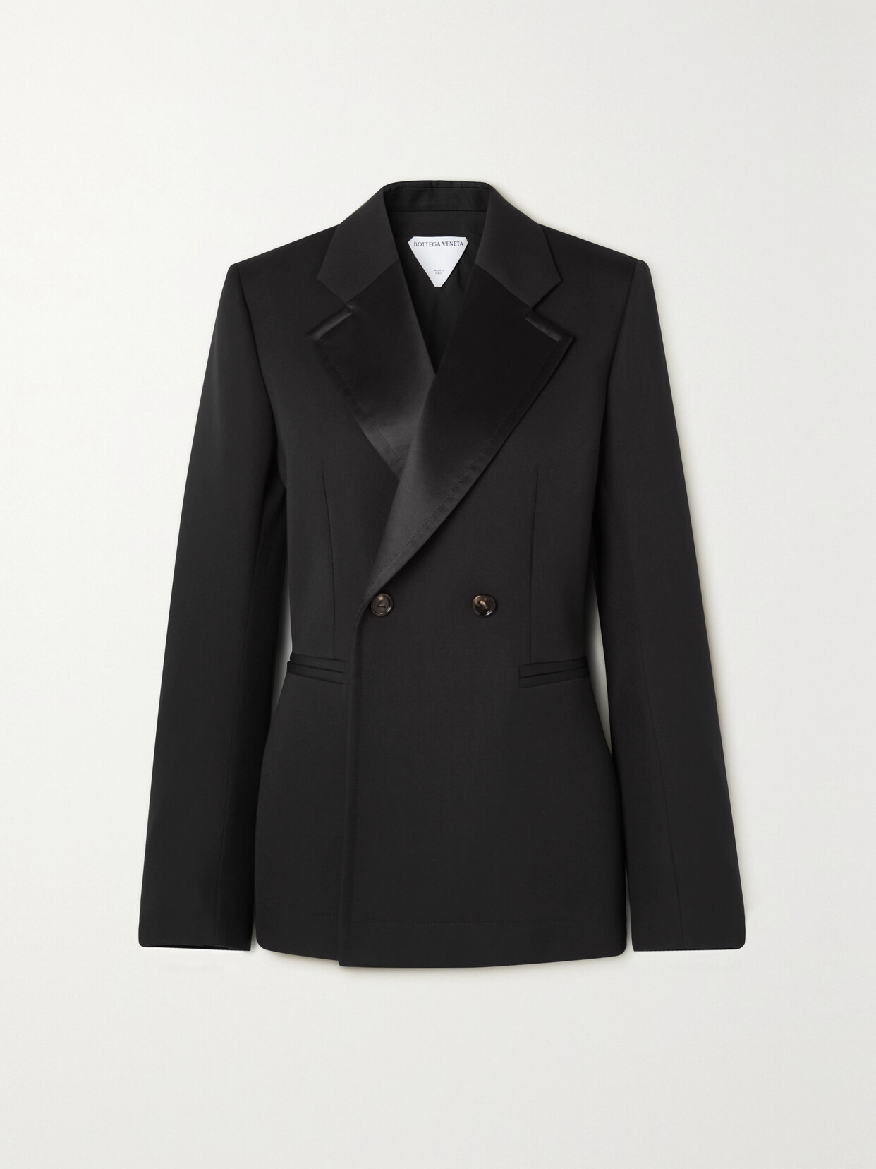 Shop Bottega Veneta Double-breasted Satin-trimmed Grain De Poudre Wool Blazer In Black