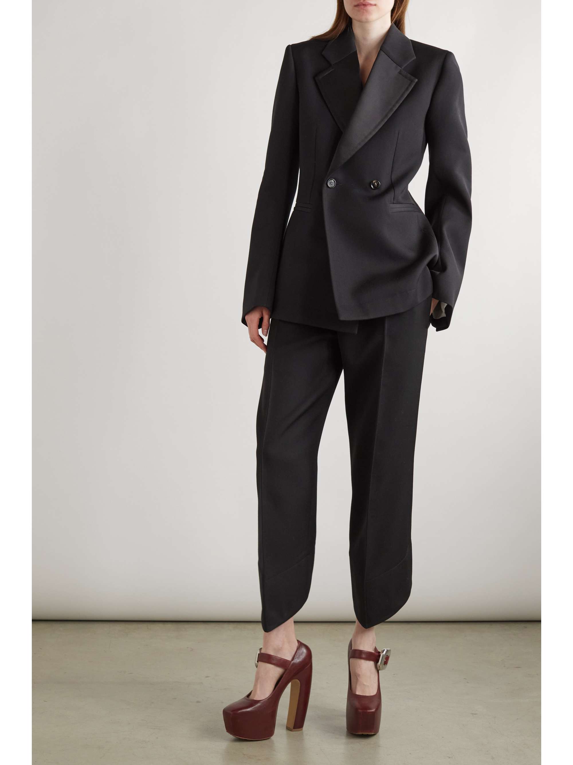 BOTTEGA VENETA Double-breasted satin-trimmed grain de poudre wool blazer