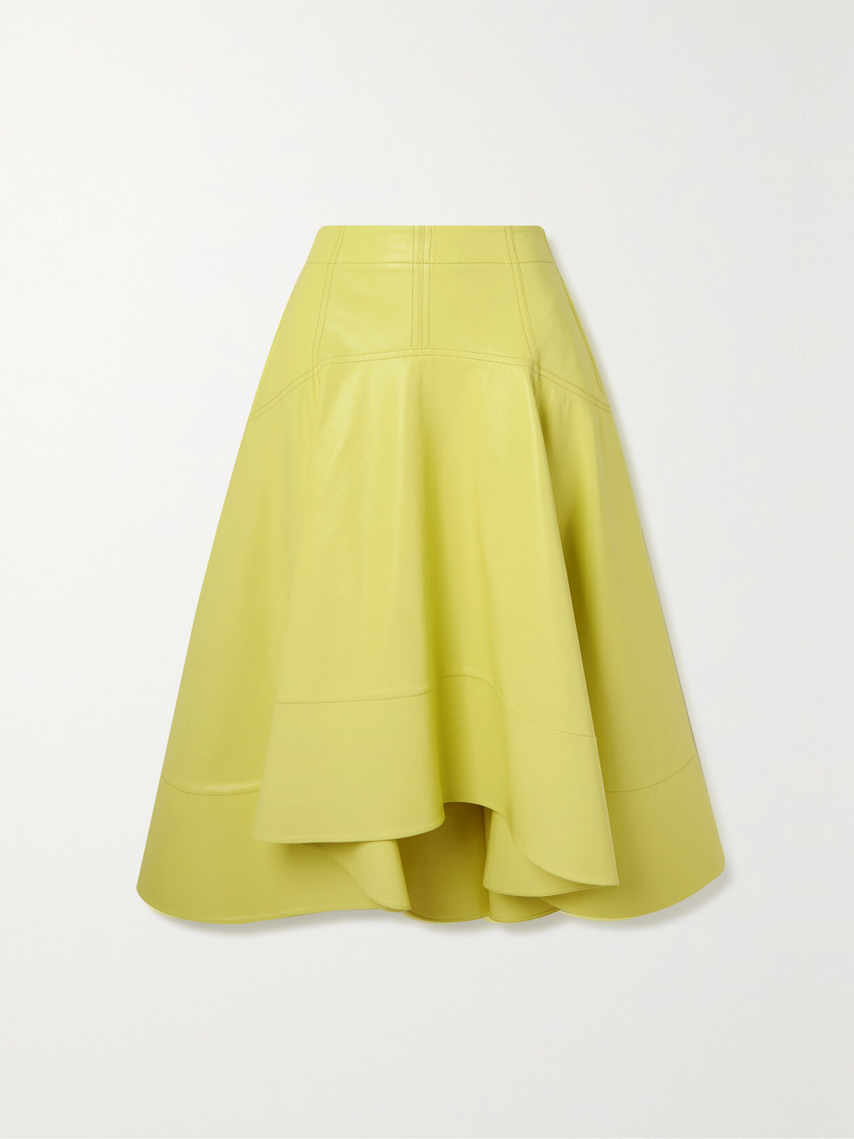 BOTTEGA VENETA ASYMMETRIC PANELED LEATHER MIDI SKIRT