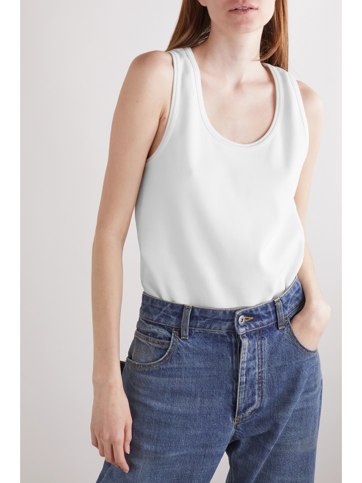 Shop Bottega Veneta Ribbed Stretch-cotton Jersey Tank In White