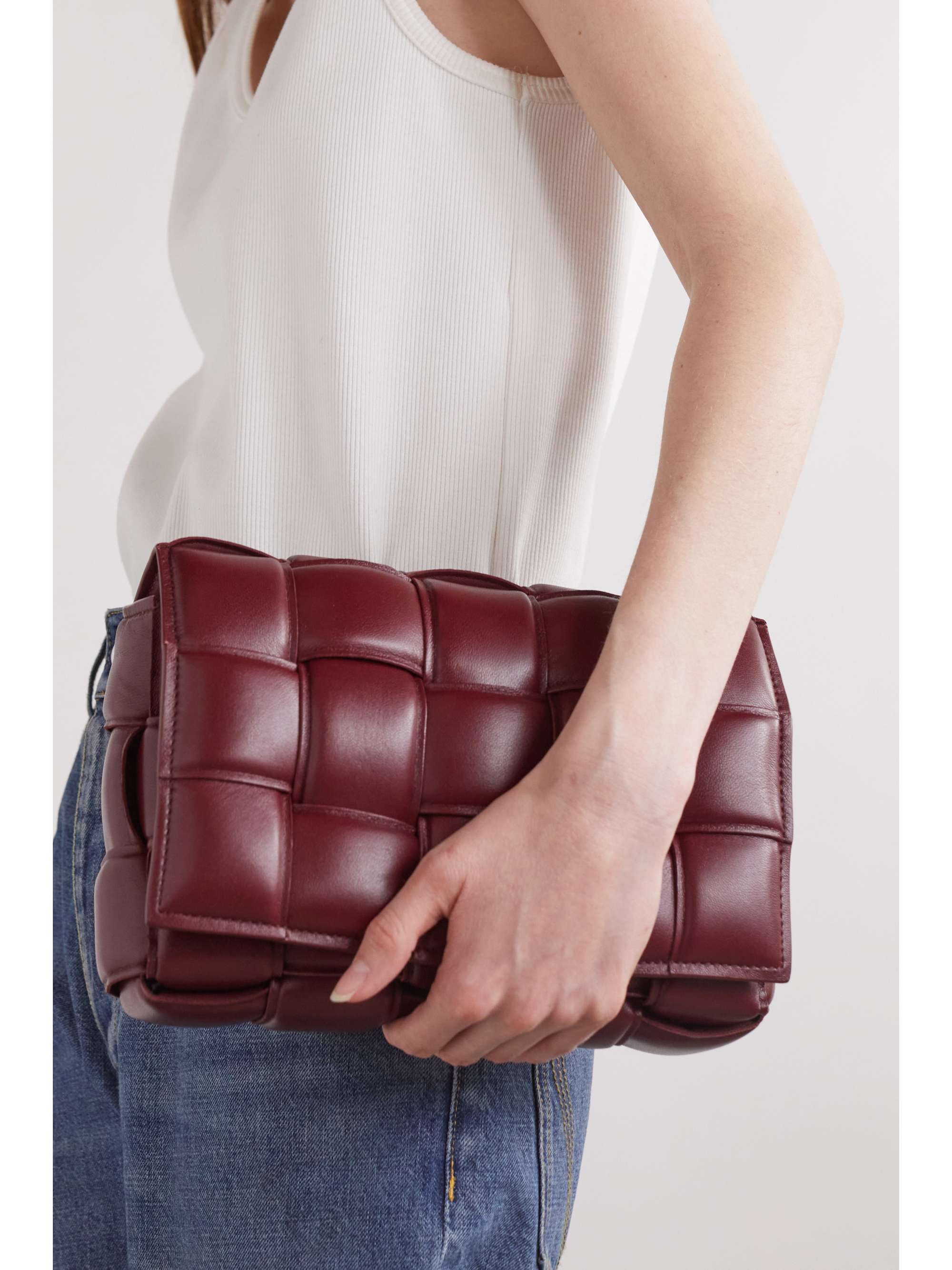 Bottega Veneta Mini Padded Cassette Intrecciato Leather Crossbody Bag In  Burgundy