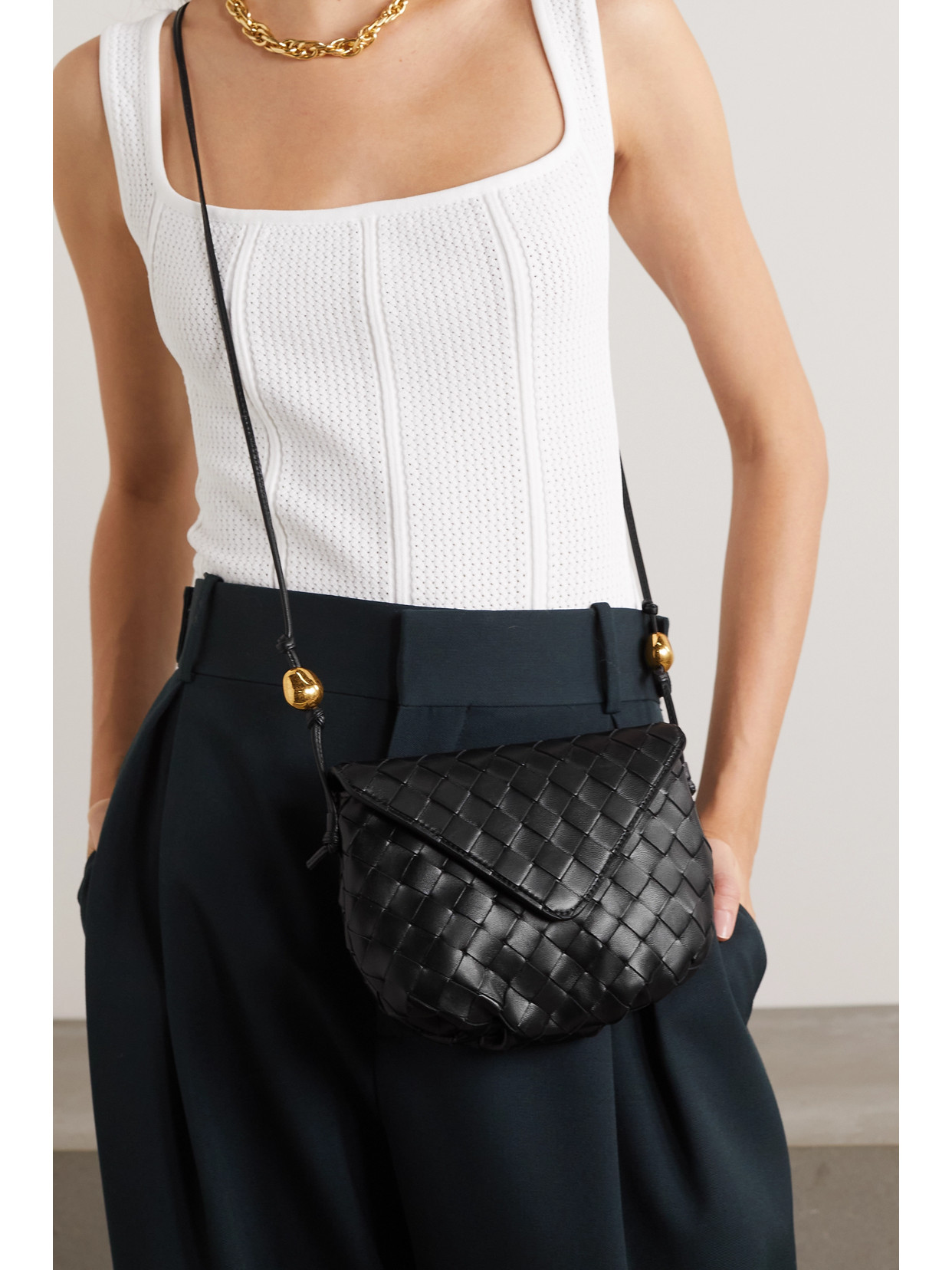 Saddle Mini Intrecciato Leather Shoulder Bag In Black