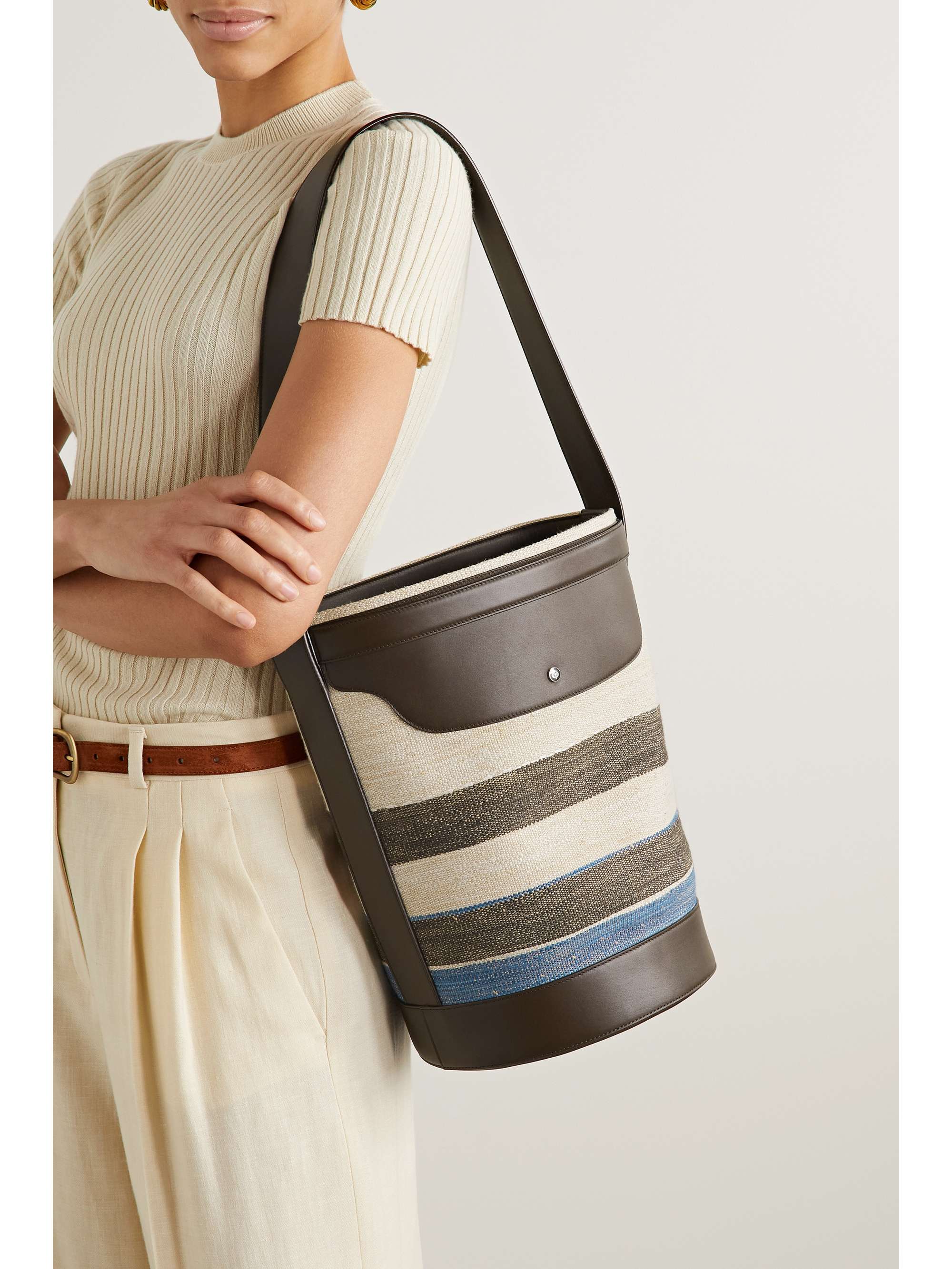 LORO PIANA Daydream leather-trimmed striped canvas bucket bag