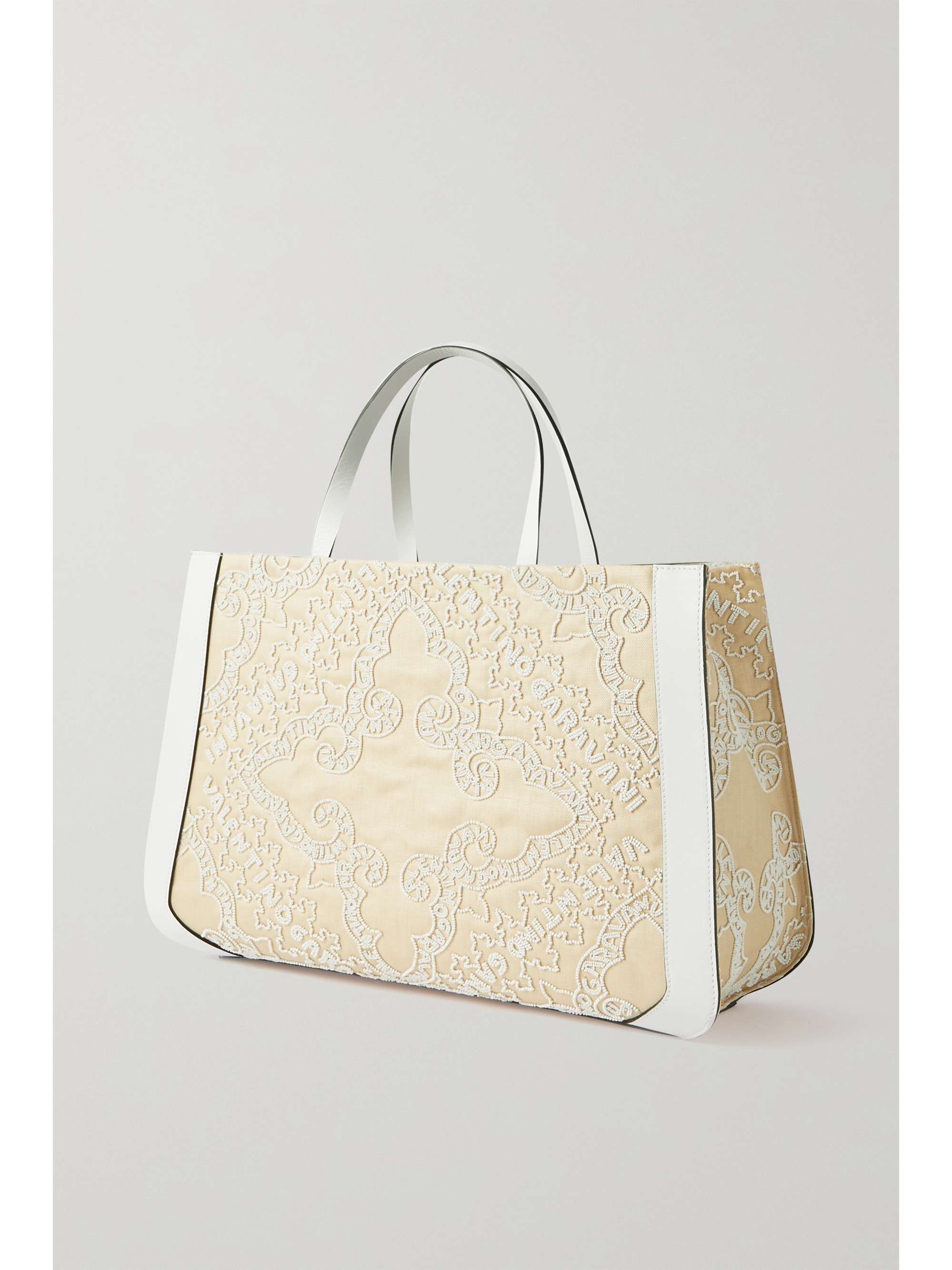VALENTINO GARAVANI VLOGO leather-trimmed bead-embellished canvas tote