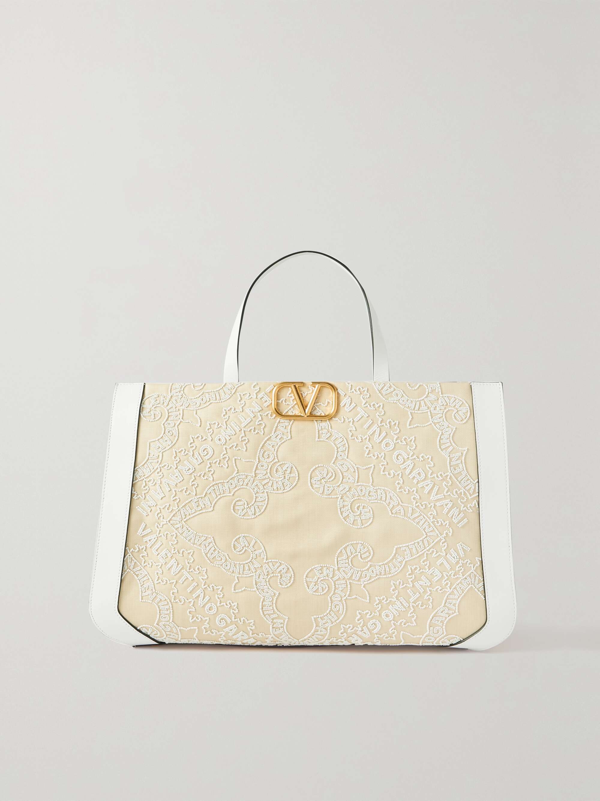 V Logo Small Canvas Tote Bag in Beige - Valentino Garavani