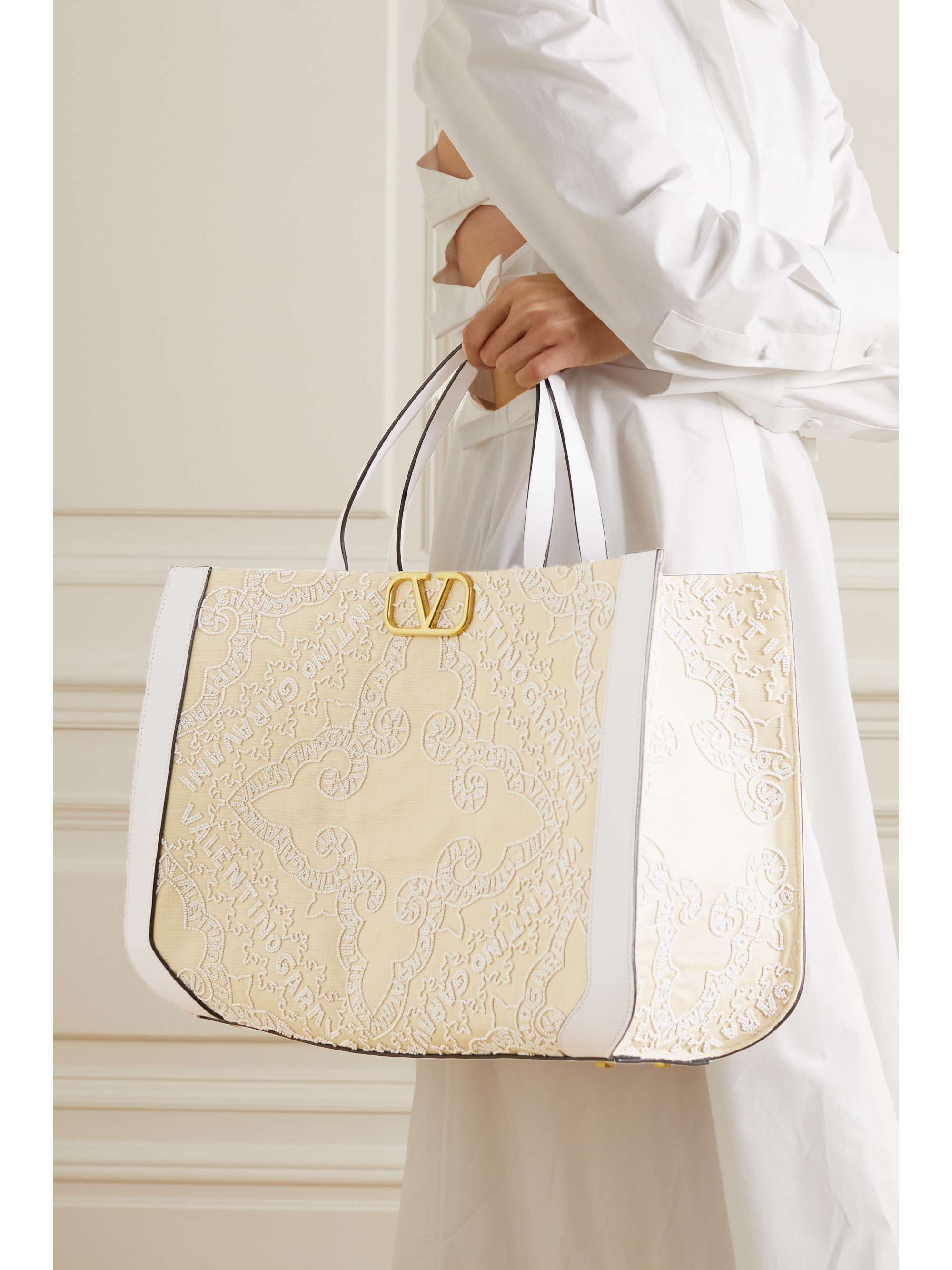 White V-Logo small leather-trim canvas tote bag, Valentino Garavani