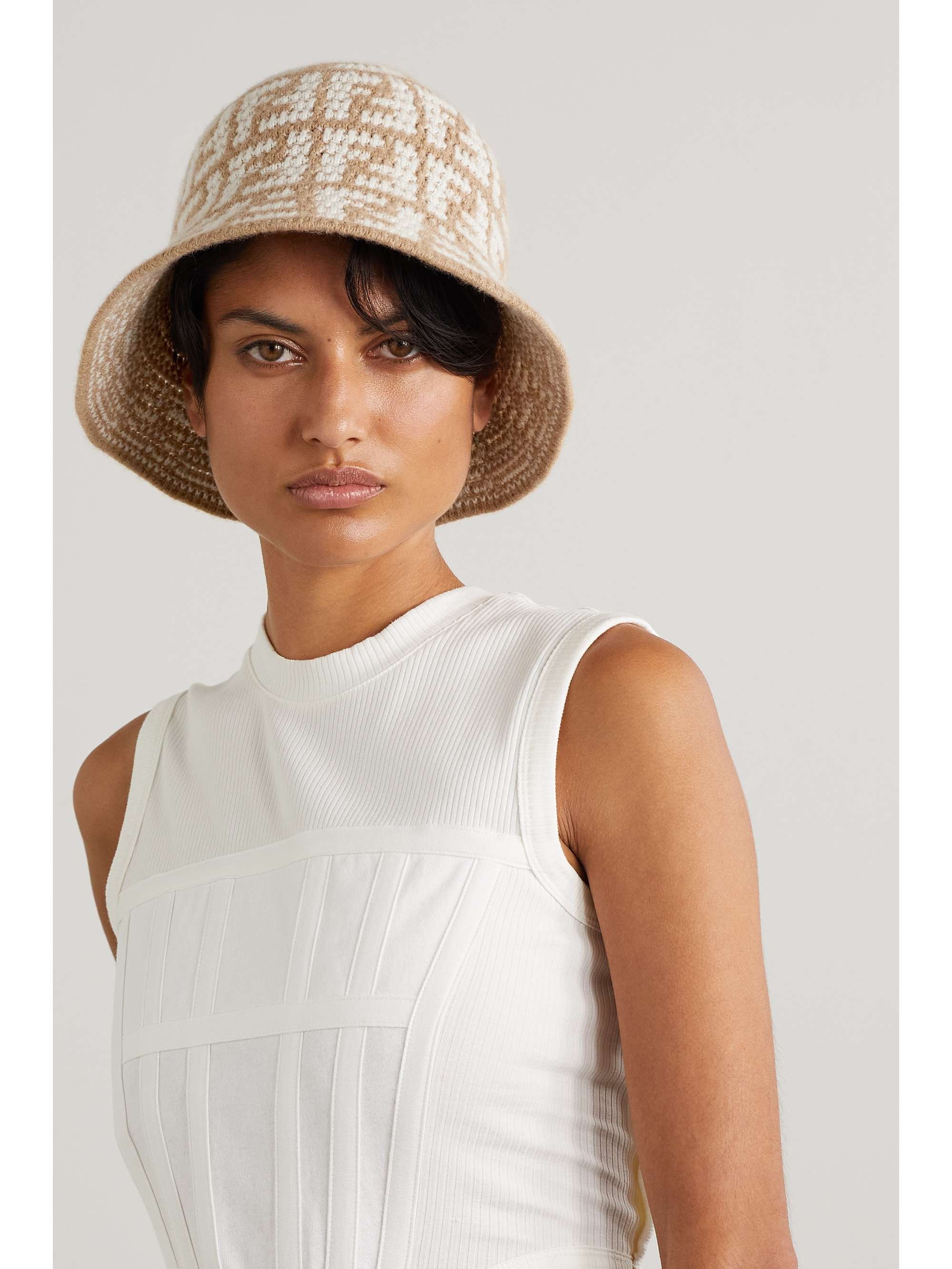FENDI Crochet-knit cashmere-blend jacquard bucket hat