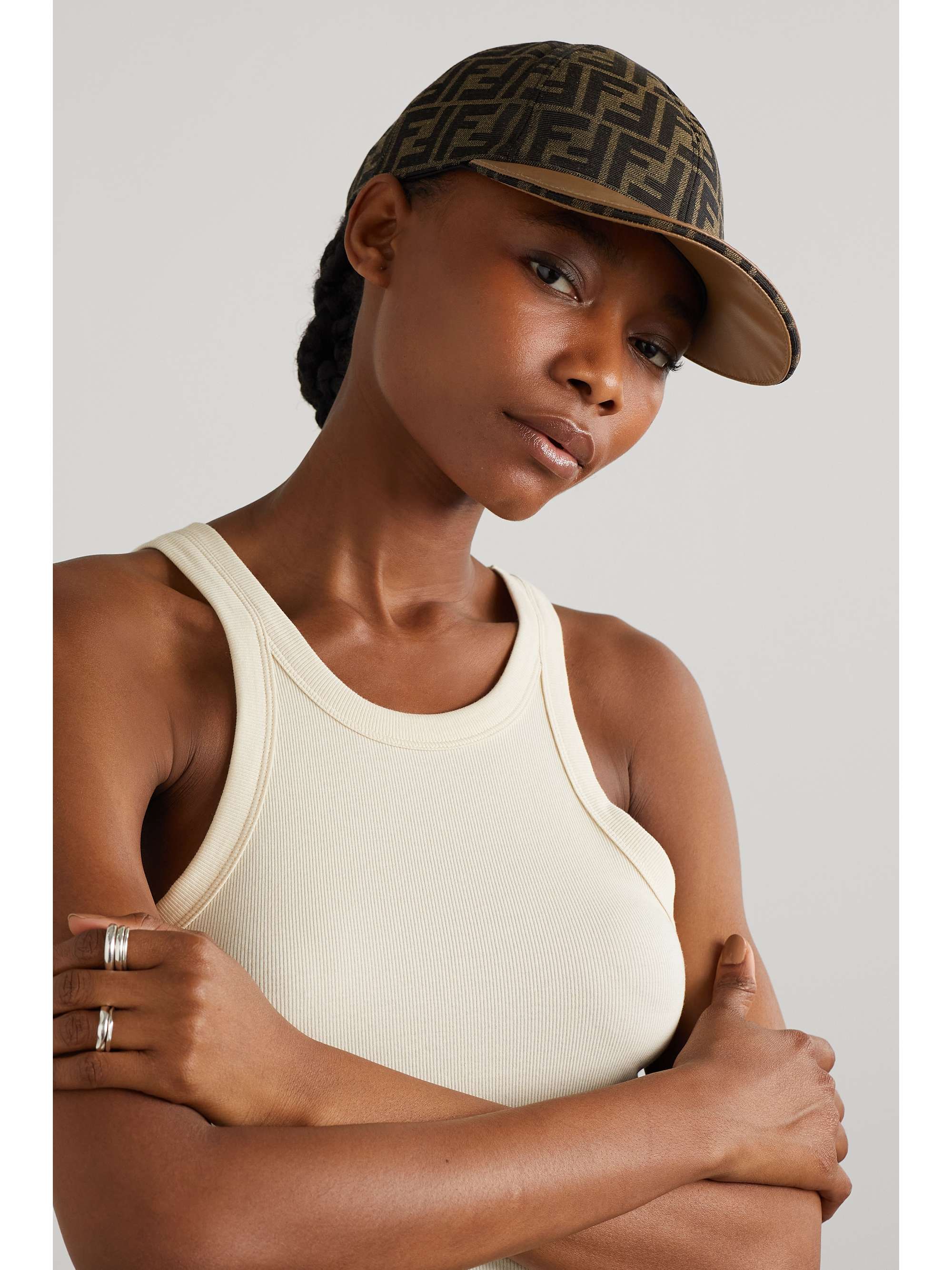 FENDI Leather-trimmed canvas-jacquard baseball cap