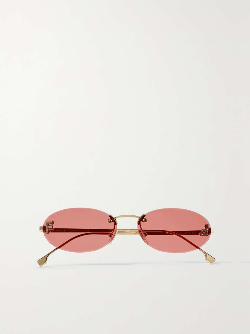 FENDI EYEWEAR Oval-frame Crystal-embellished Gold-tone Sunglasses
