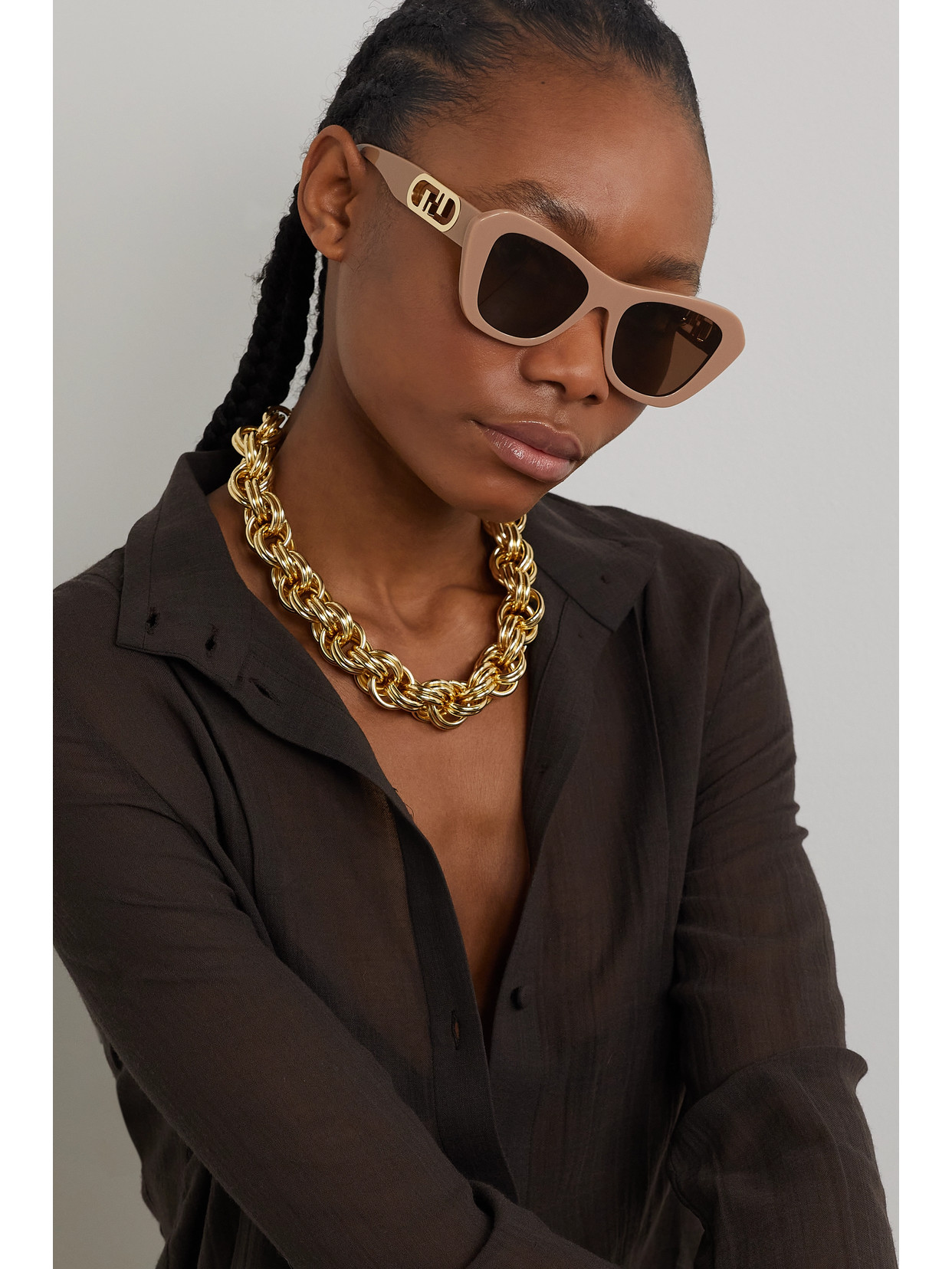 Shop Fendi O'lock Cat-eye Acetate And Gold-tone Sunglasses In Brown