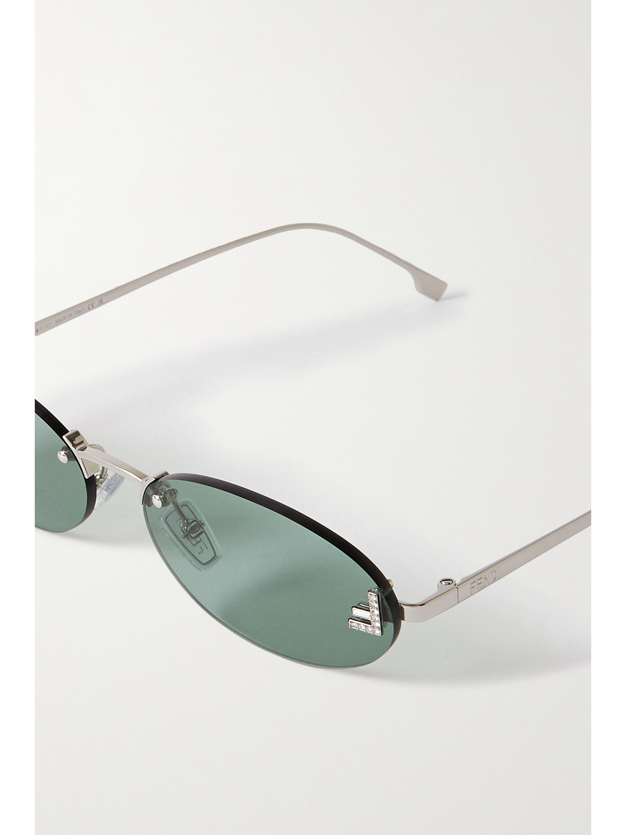 Fendi Oval-frame Crystal-embellished Silver-tone Sunglasses In Green