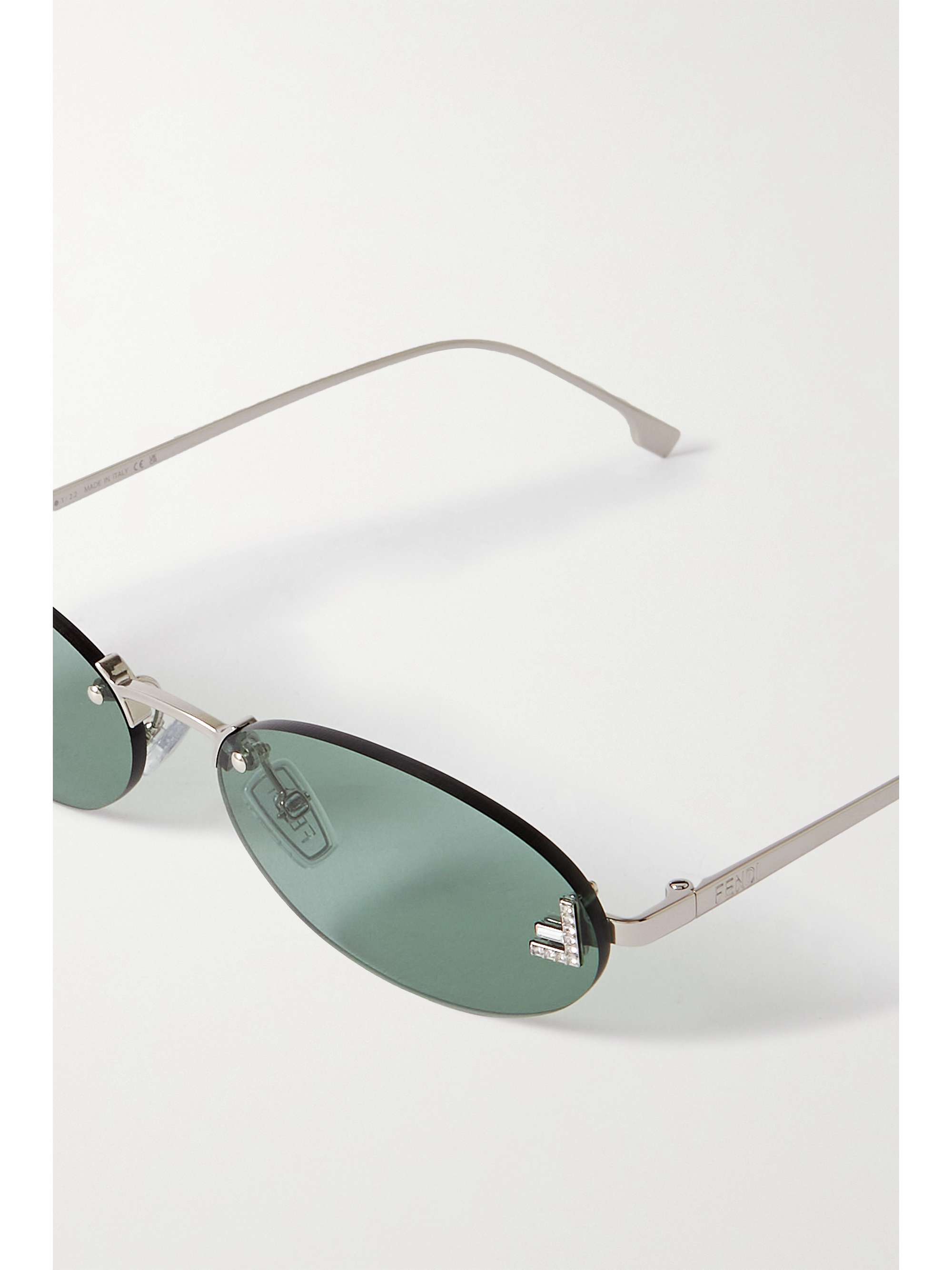 FENDI EYEWEAR Oval-frame crystal-embellished silver-tone sunglasses