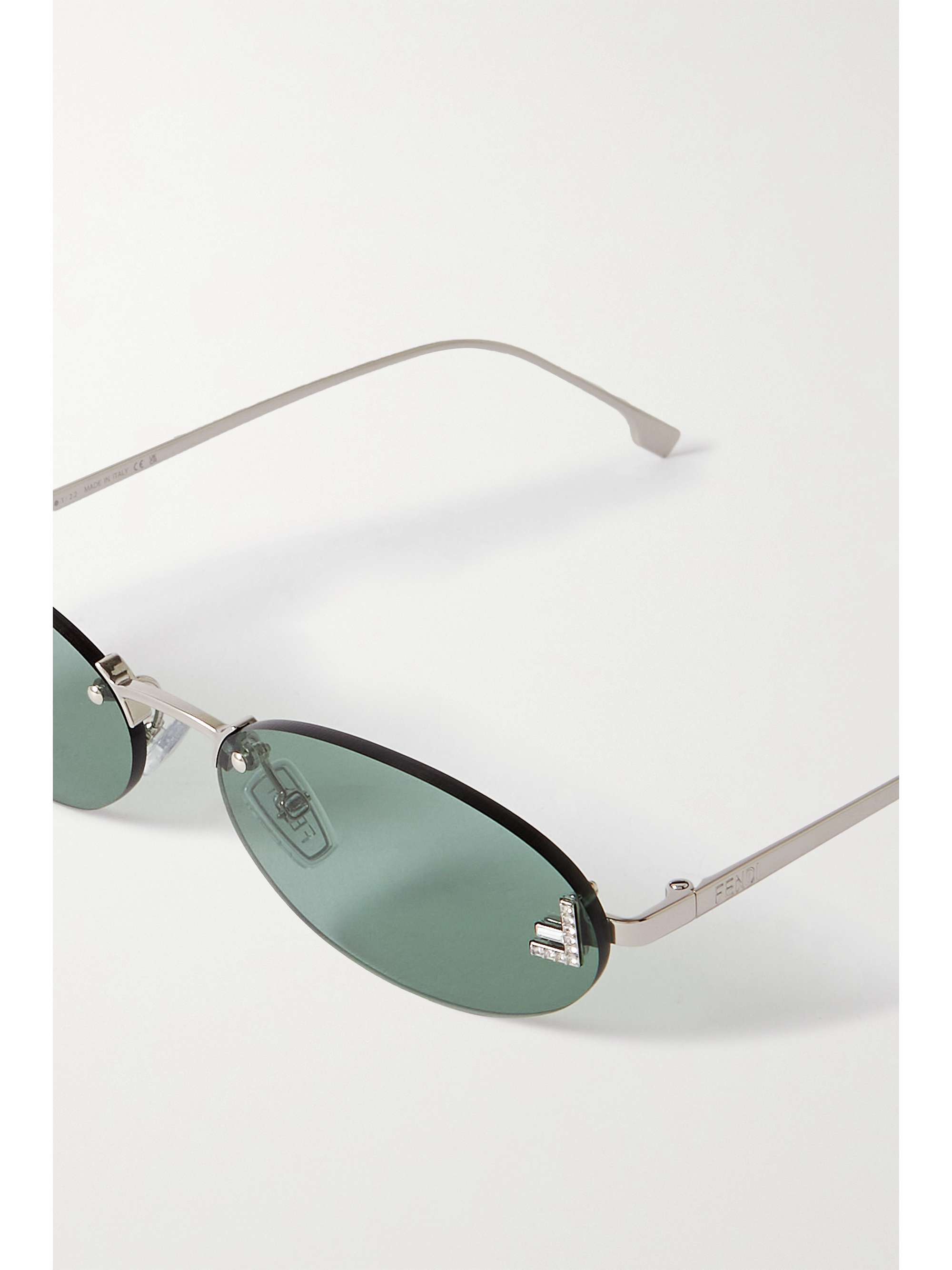 FENDI EYEWEAR Oval-frame crystal-embellished silver-tone sunglasses ...