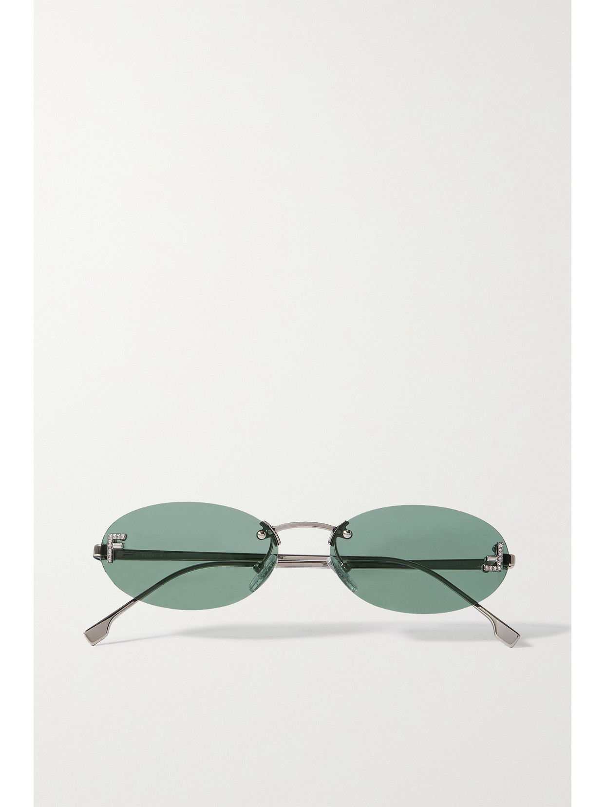 Fendi - Oval-frame Crystal-embellished Silver-tone Sunglasses - Green