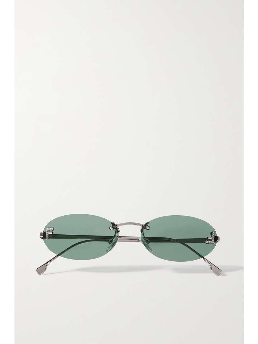 FENDI EYEWEAR Oval-frame Crystal-embellished Silver-tone Sunglasses