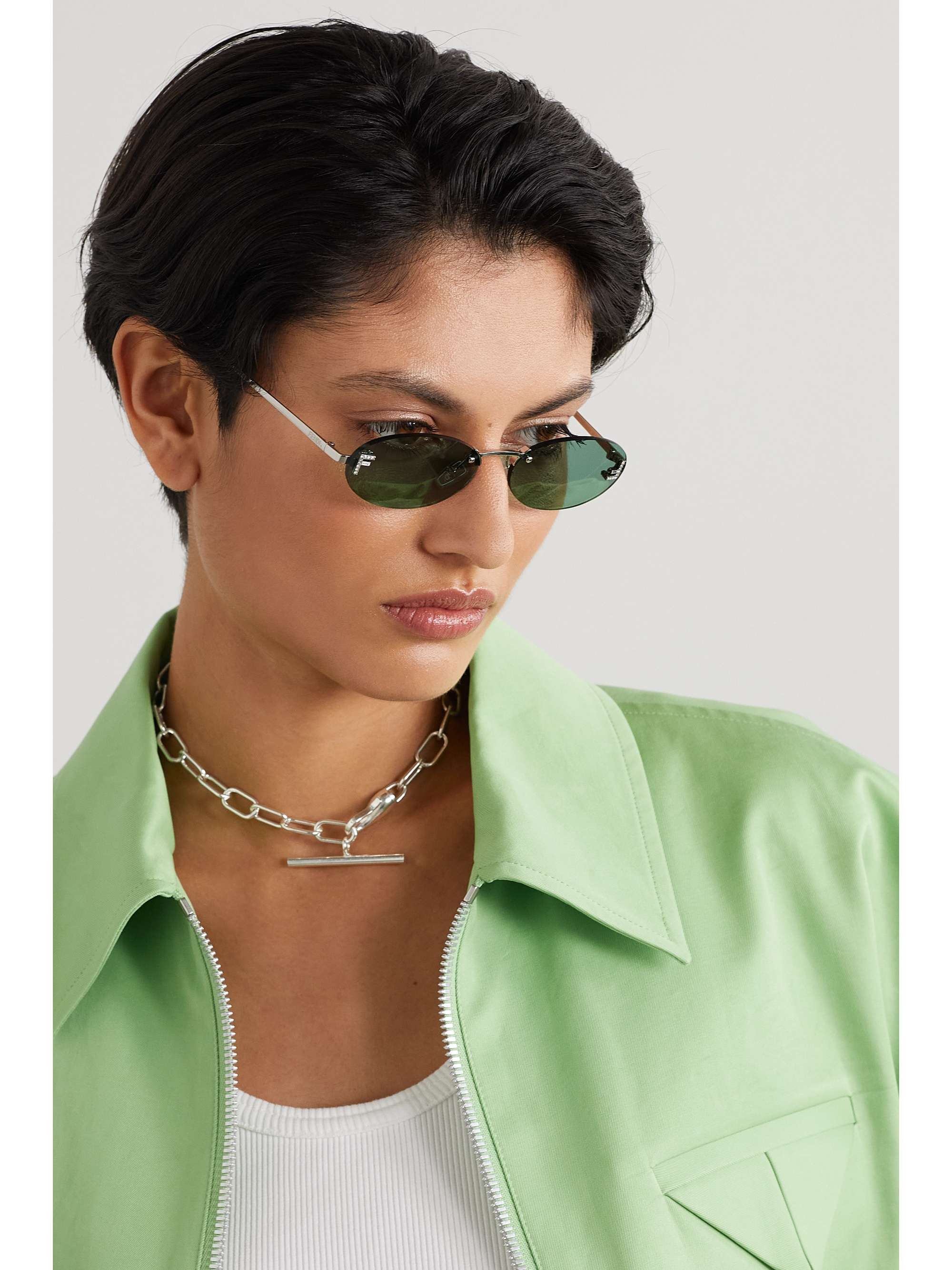 FENDI EYEWEAR Oval-frame crystal-embellished silver-tone sunglasses