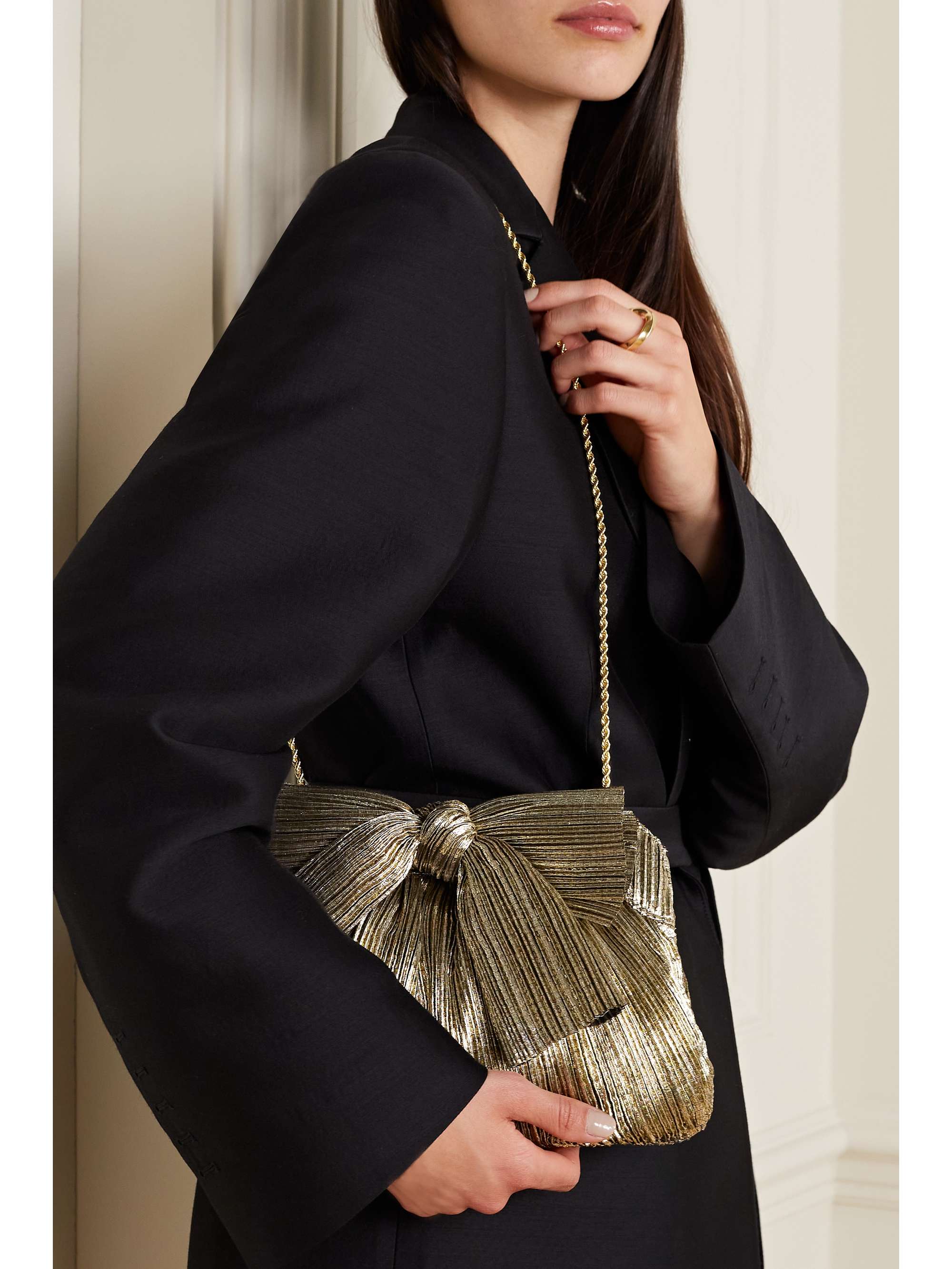 Rayne bow-embellished plissé-lamé clutch