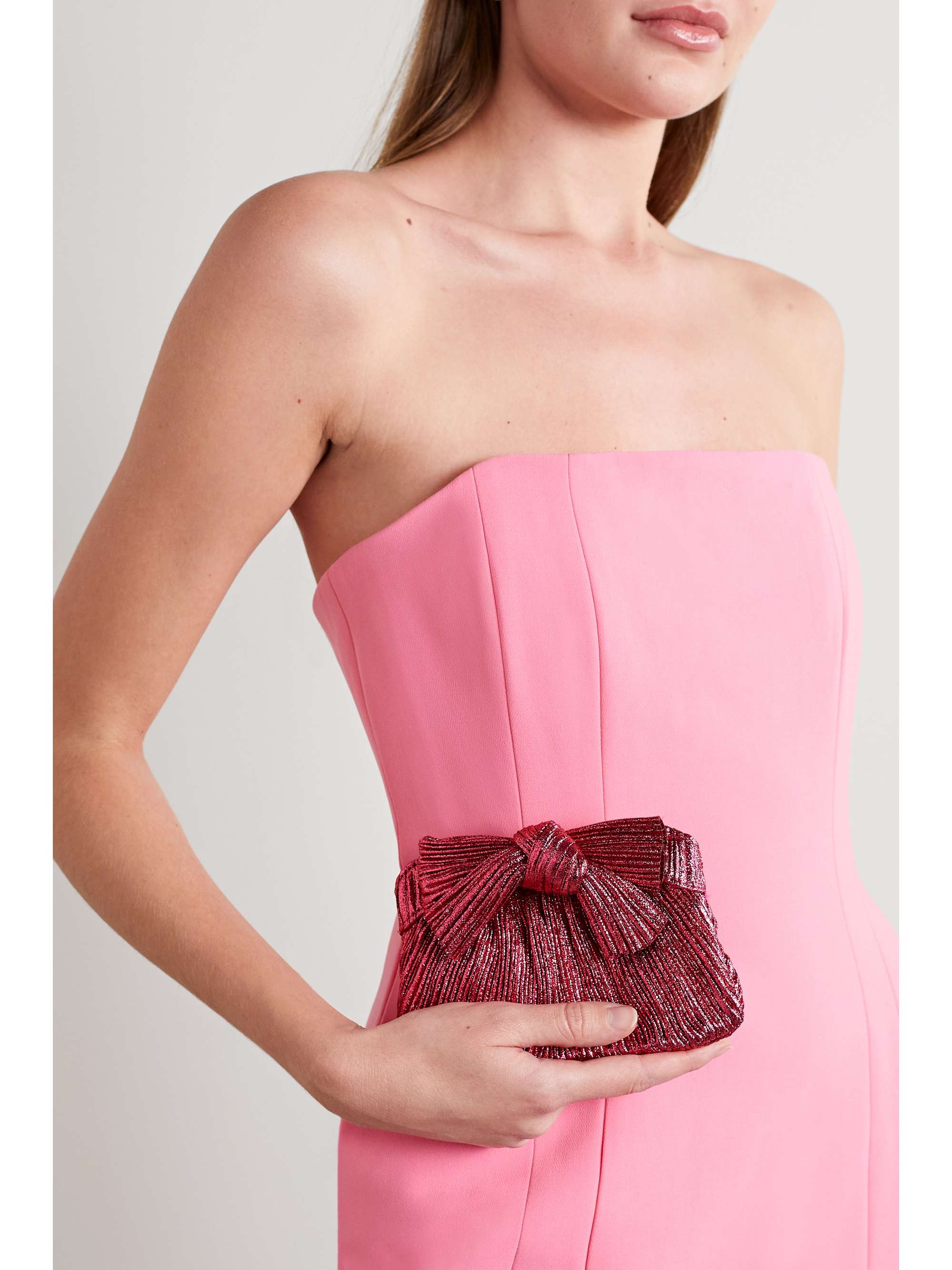 LOEFFLER RANDALL Rochelle bow-embellished plissé-lamé clutch