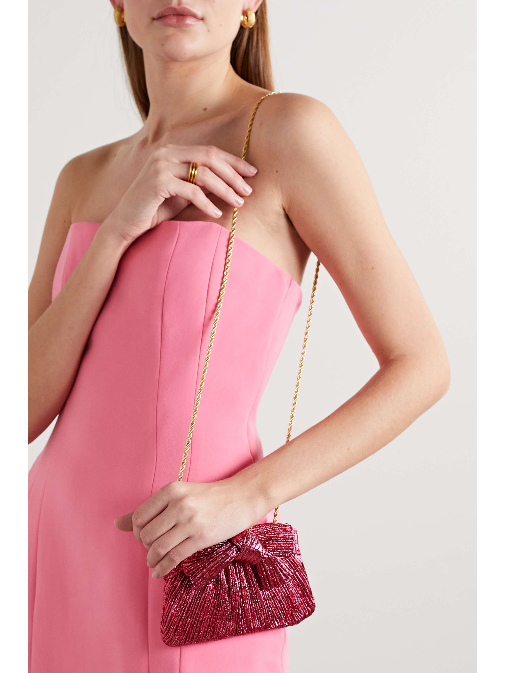 LOEFFLER RANDALL Rochelle bow-embellished plissé-lamé clutch