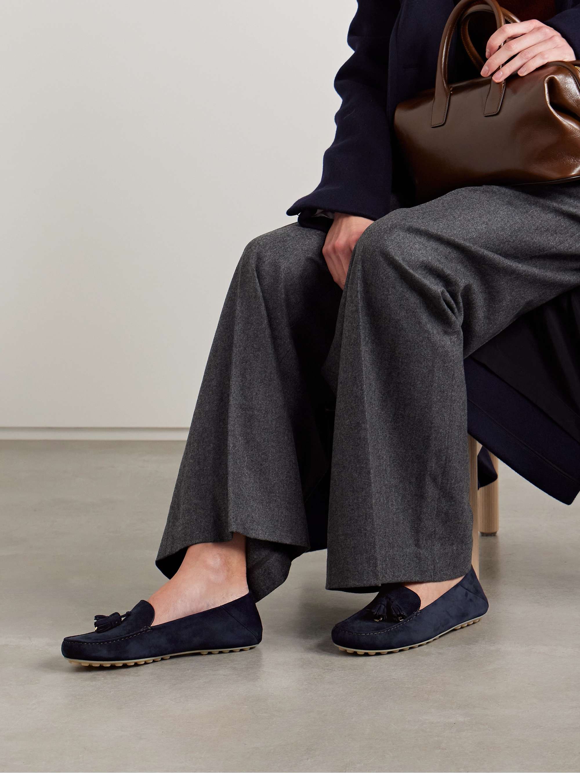 LORO PIANA Tasseled suede collapsible-heel loafers