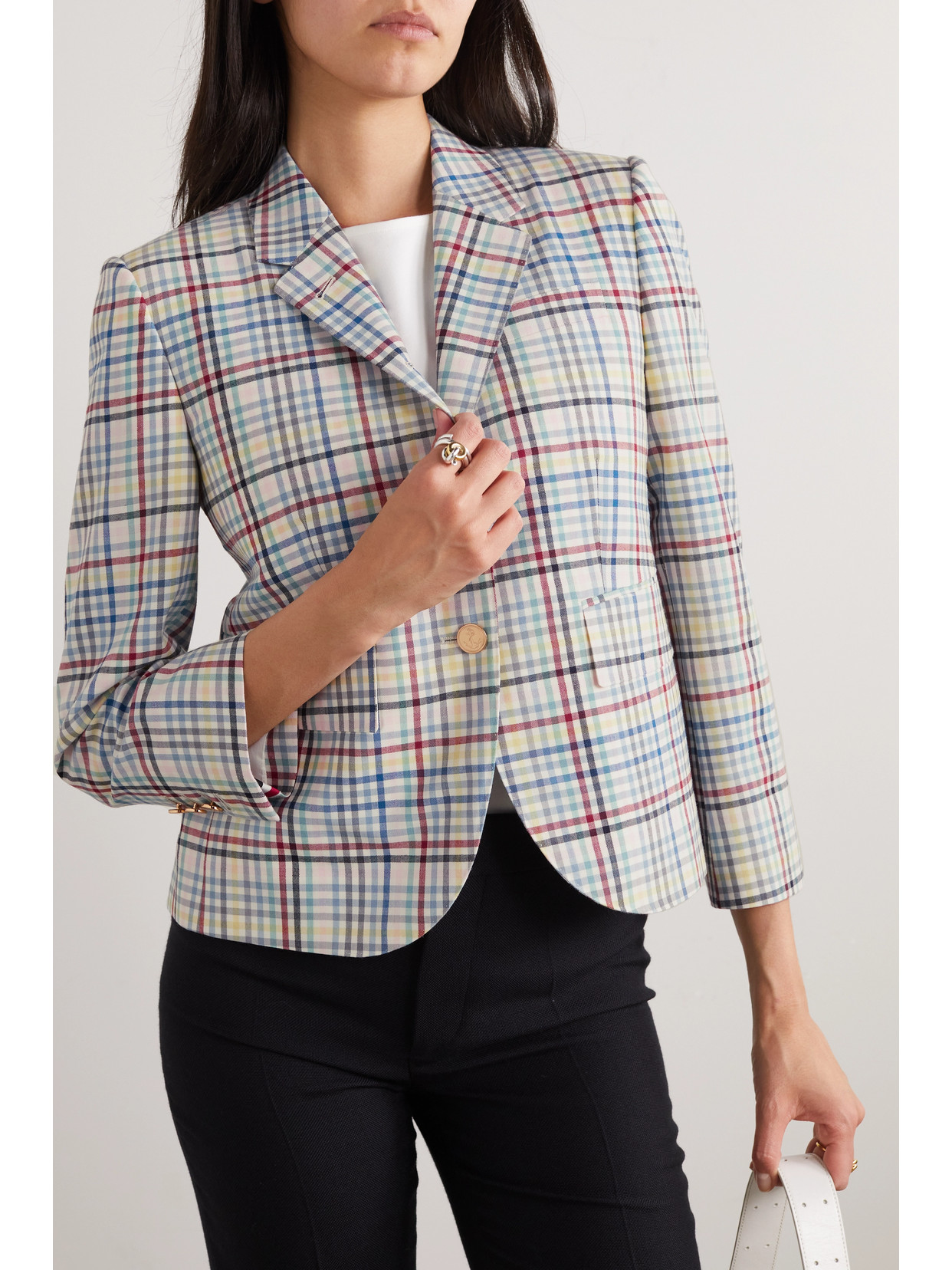 Shop Thom Browne Cropped Checked Wool-canvas Blazer In White