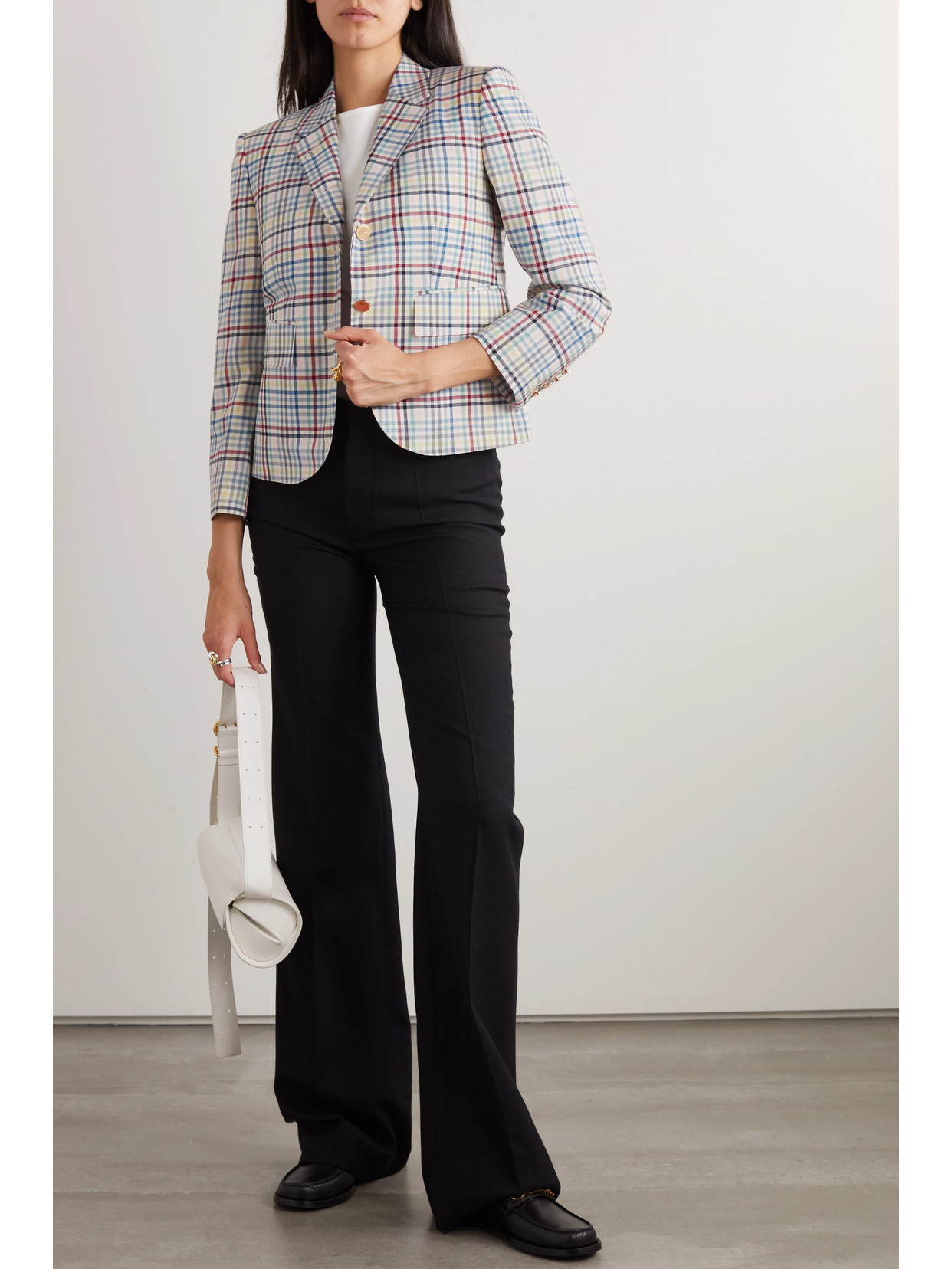 Shop Thom Browne Cropped Checked Wool-canvas Blazer In White