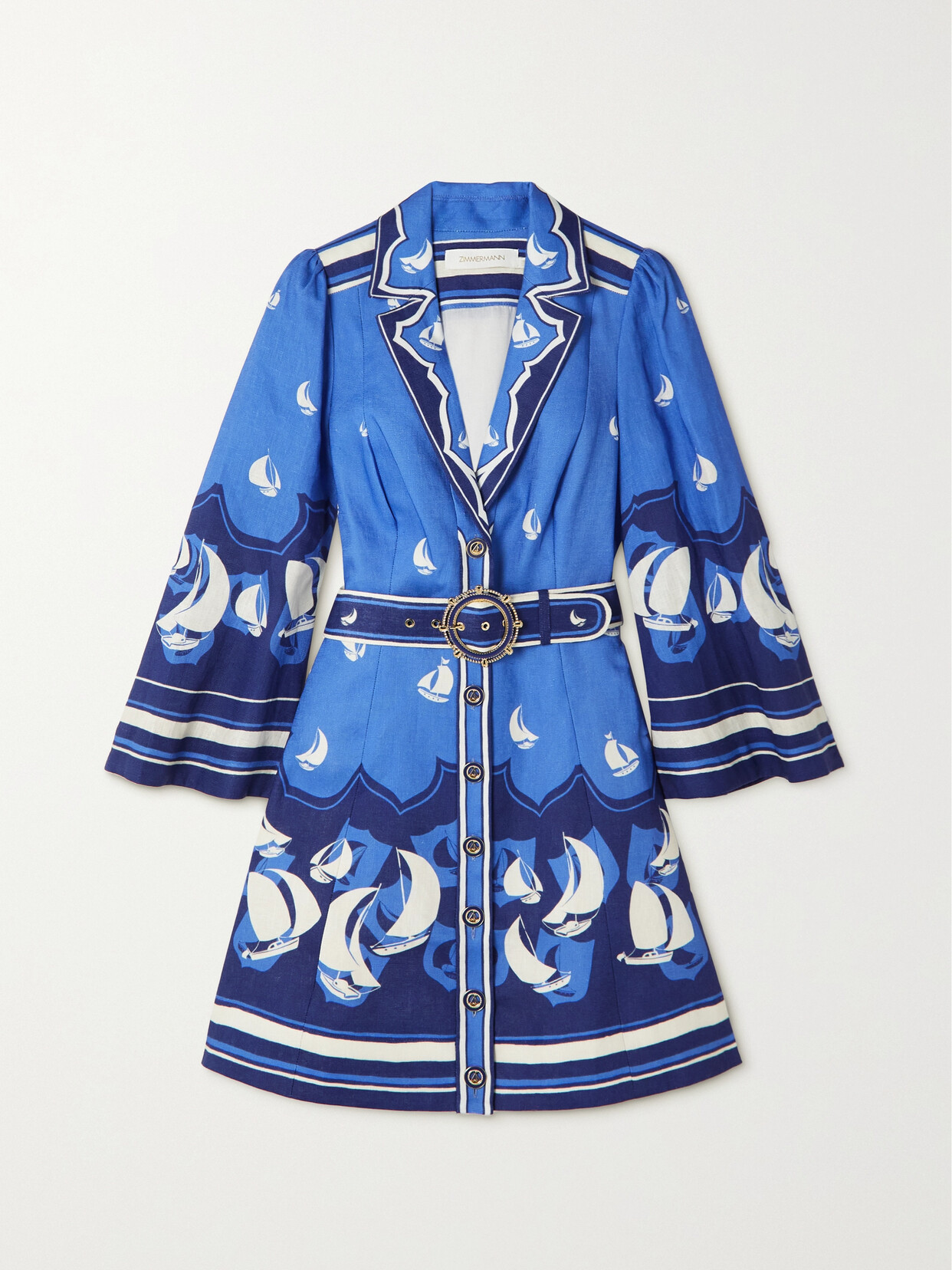 Zimmermann - High Tide Belted Printed Linen Mini Dress - Blue