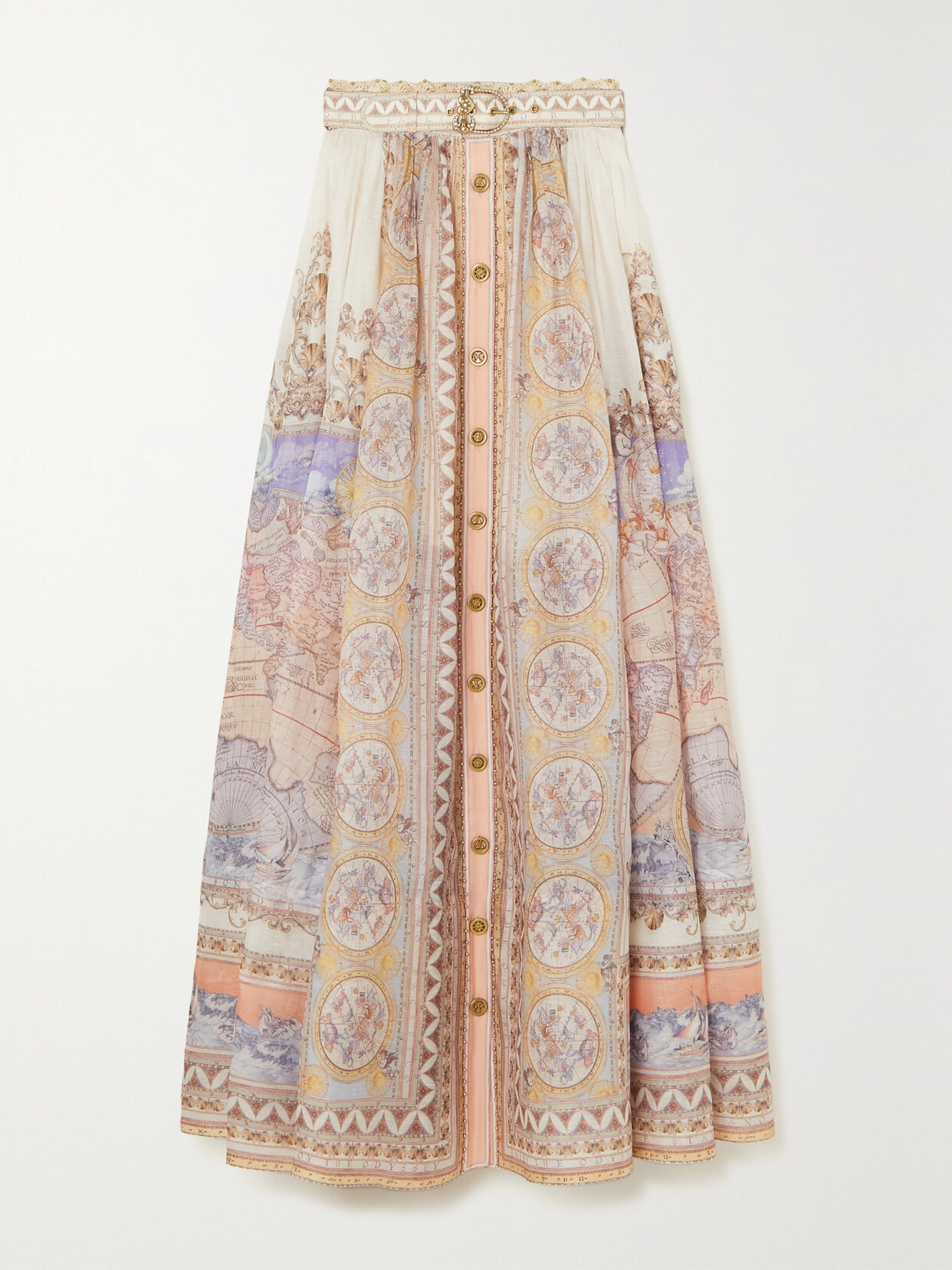 Zimmermann - High Tide Belted Printed Linen And Silk-blend Maxi Skirt - Cream