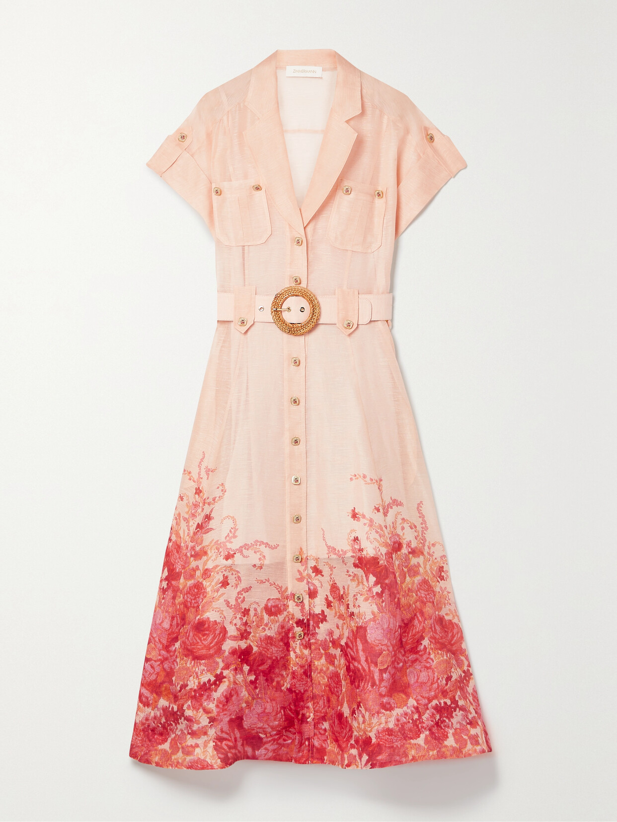Zimmermann High Tide Belted Floral-print Linen And Silk-blend Midi Dress In Pink