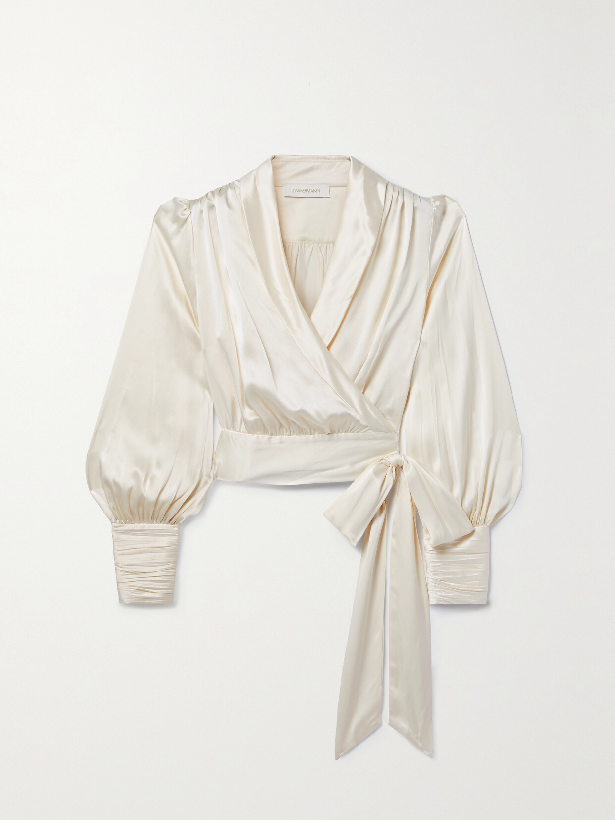 Zimmermann Ruched Silk-satin Wrap Blouse In Cream