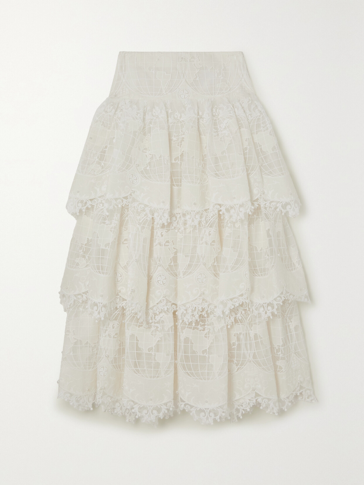 Zimmermann High Tide Tiered Embroidered Tulle Maxi Skirt In Ivory