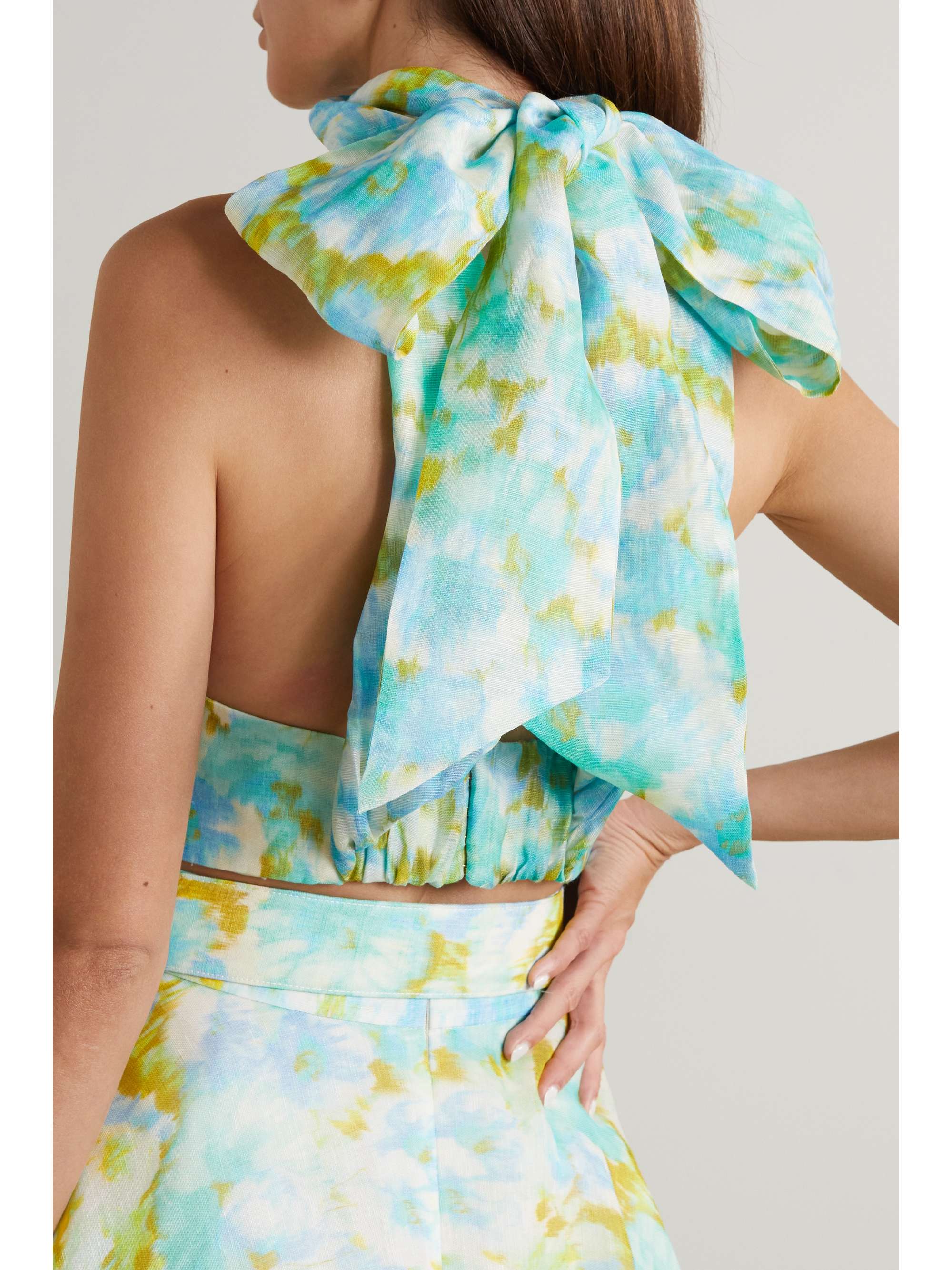 ZIMMERMANN High Tide cropped twist-front floral-print linen and silk-blend top
