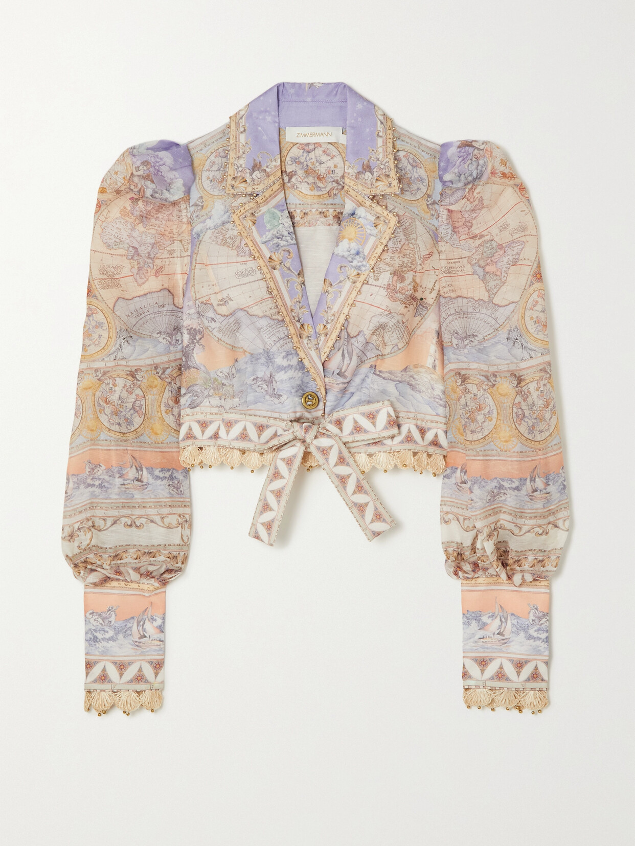 ZIMMERMANN HIGH TIDE CROPPED PRINTED LINEN AND SILK-BLEND SHIRT