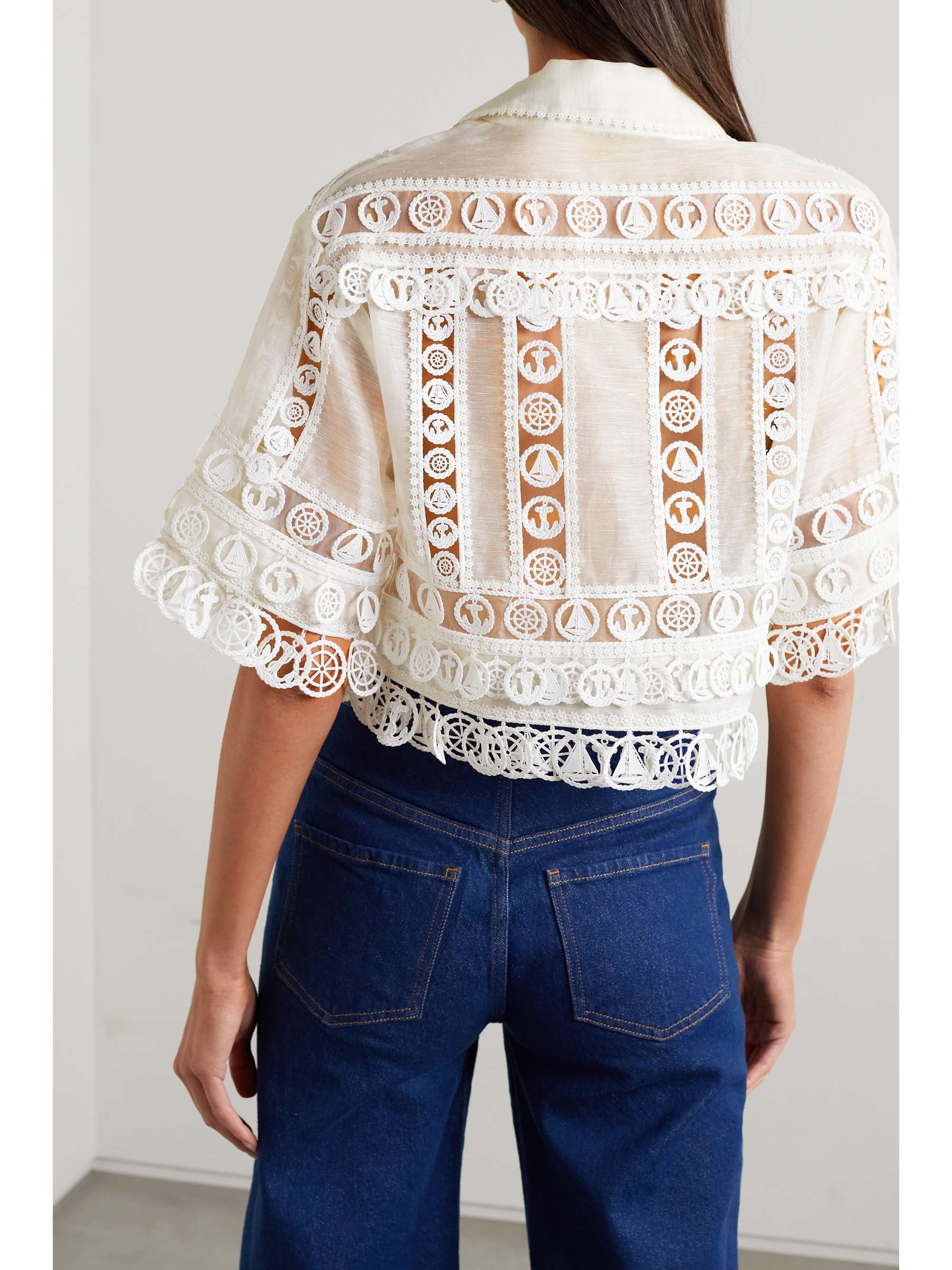 ZIMMERMANN High Tide cropped appliquéd crochet and linen jacket