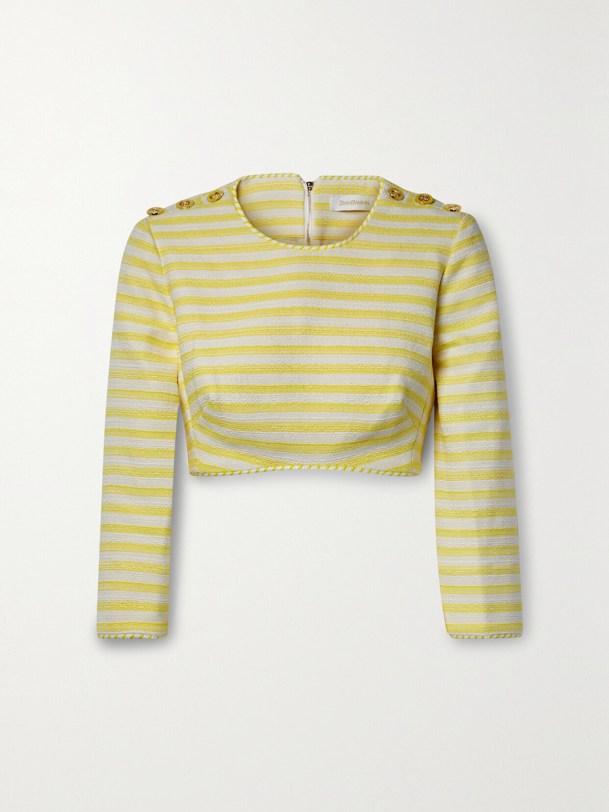 Zimmermann High Tide Cropped Button-embellished Striped Cotton-blend Top In Yellow
