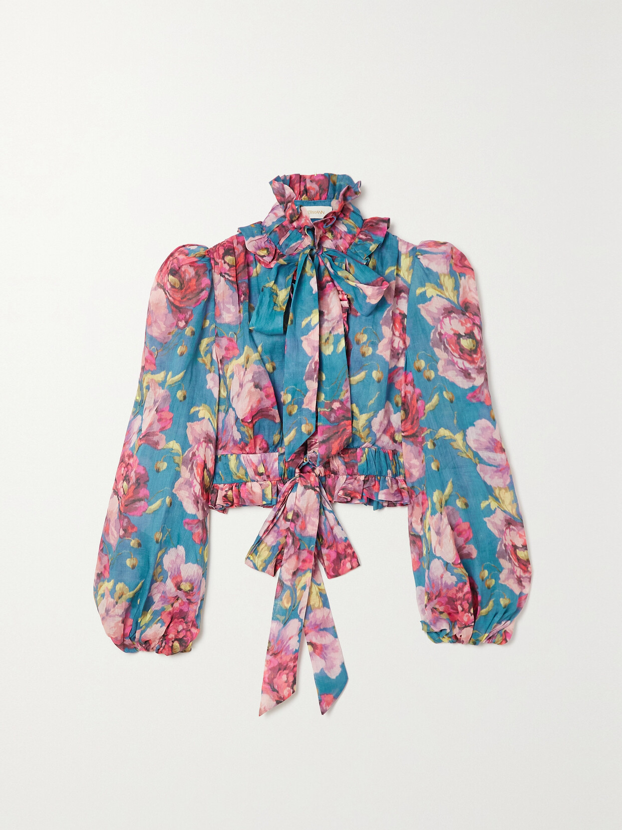 Zimmermann Tie-detailed Floral-print Ramie-voile Blouse In Blue